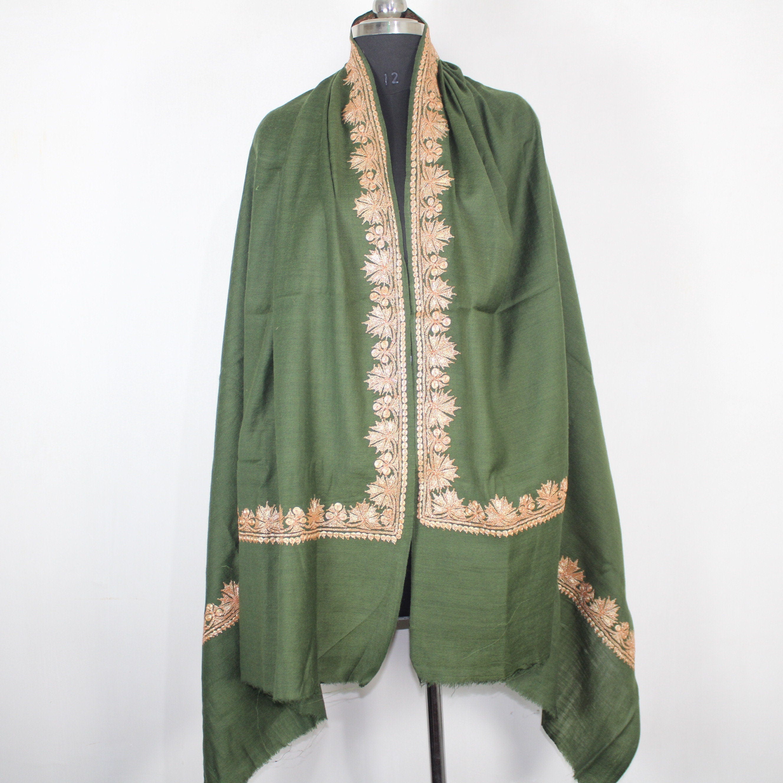 Kashmiri Merino Wool Shawl: Green Tilla Embroidery BATIN