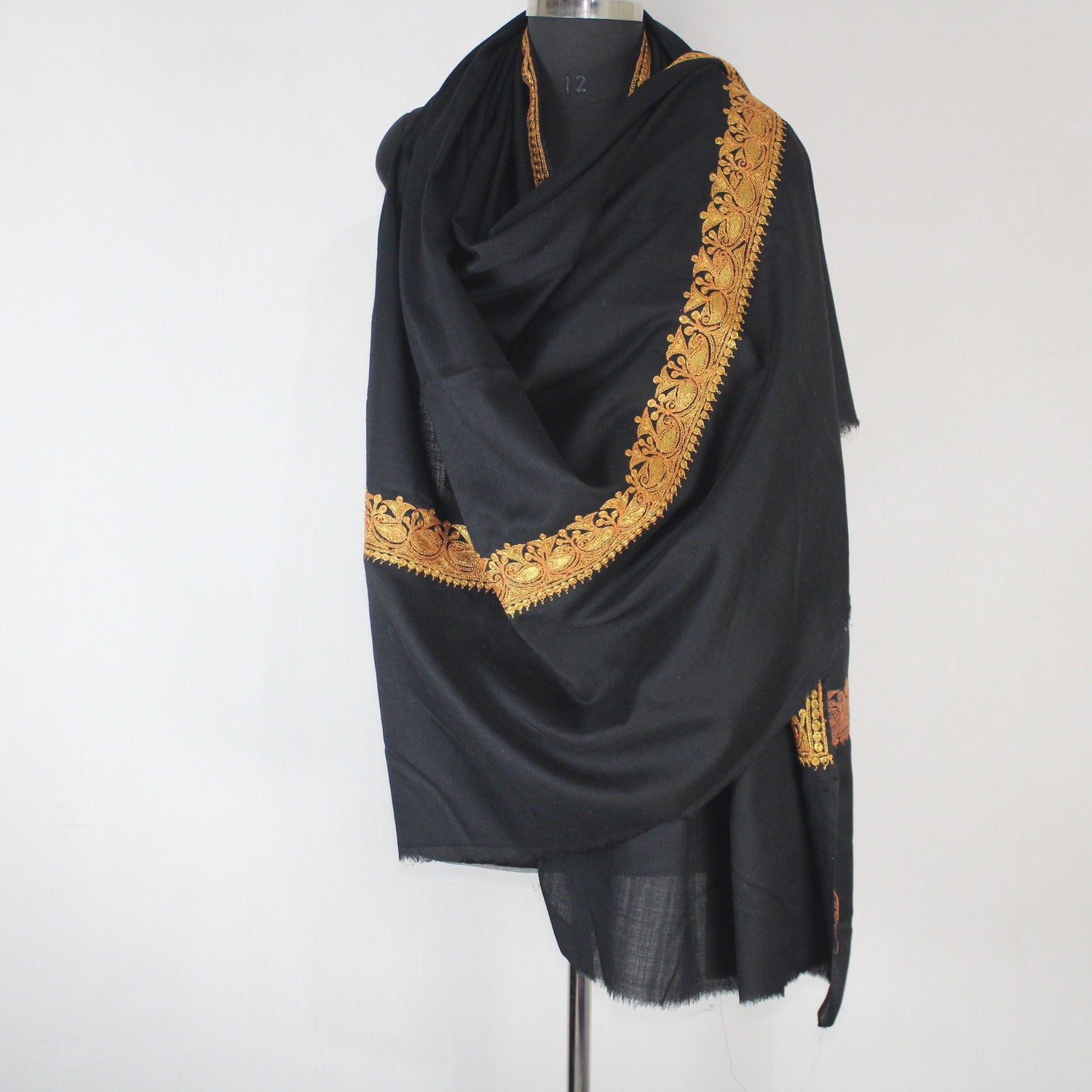 Kashmiri Merino Wool Shawl: Black Tilla Embroidery, Women&