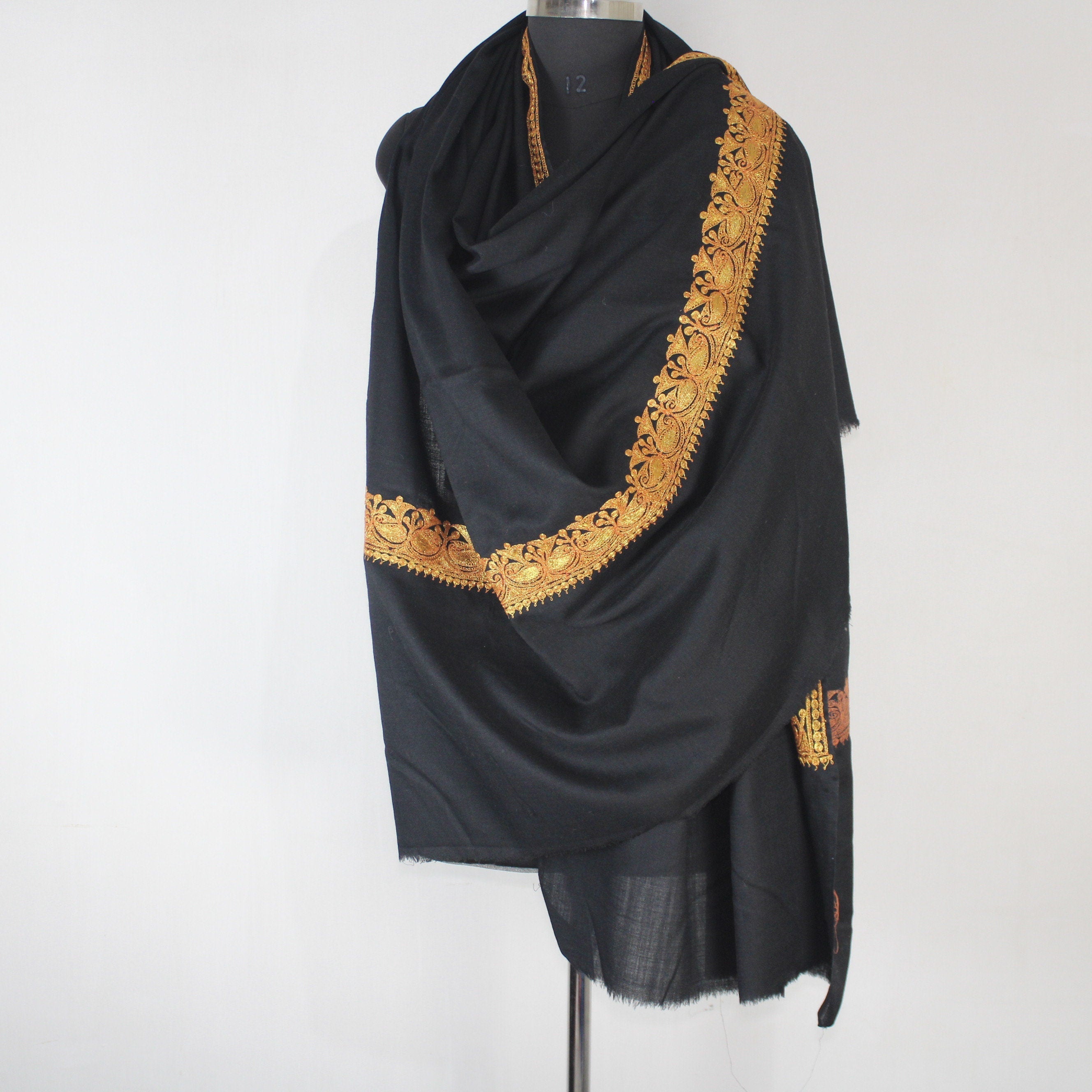 Kashmiri Merino Wool Shawl: Black Tilla Embroidery, Women&