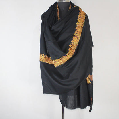 Kashmiri Merino Wool Shawl: Black Tilla Embroidery, Women&