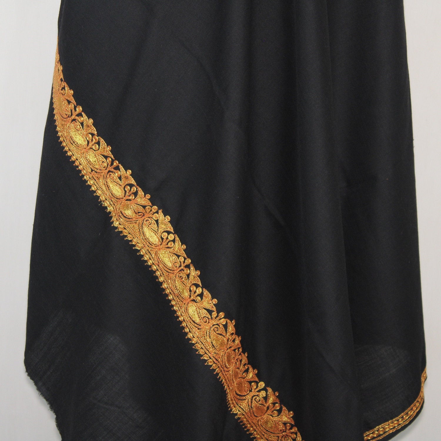 Kashmiri Merino Wool Shawl: Black Tilla Embroidery, Women&