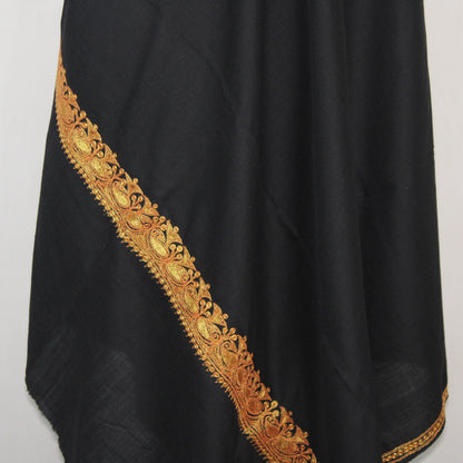 Kashmiri Merino Wool Shawl: Black Tilla Embroidery, Women&
