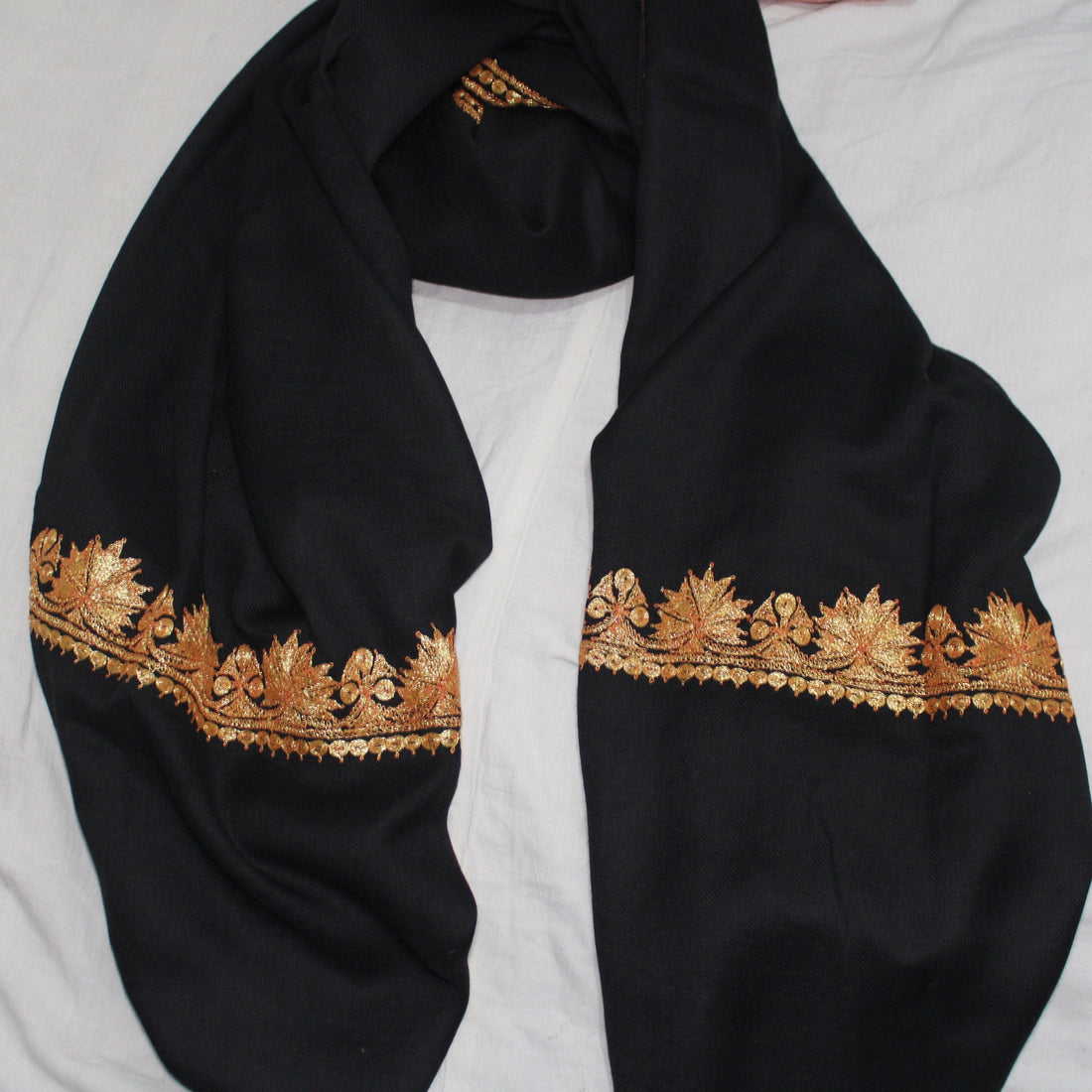 Kashmiri Tilla Embroidery Scarf: Black Merino Wool Stole BATIN