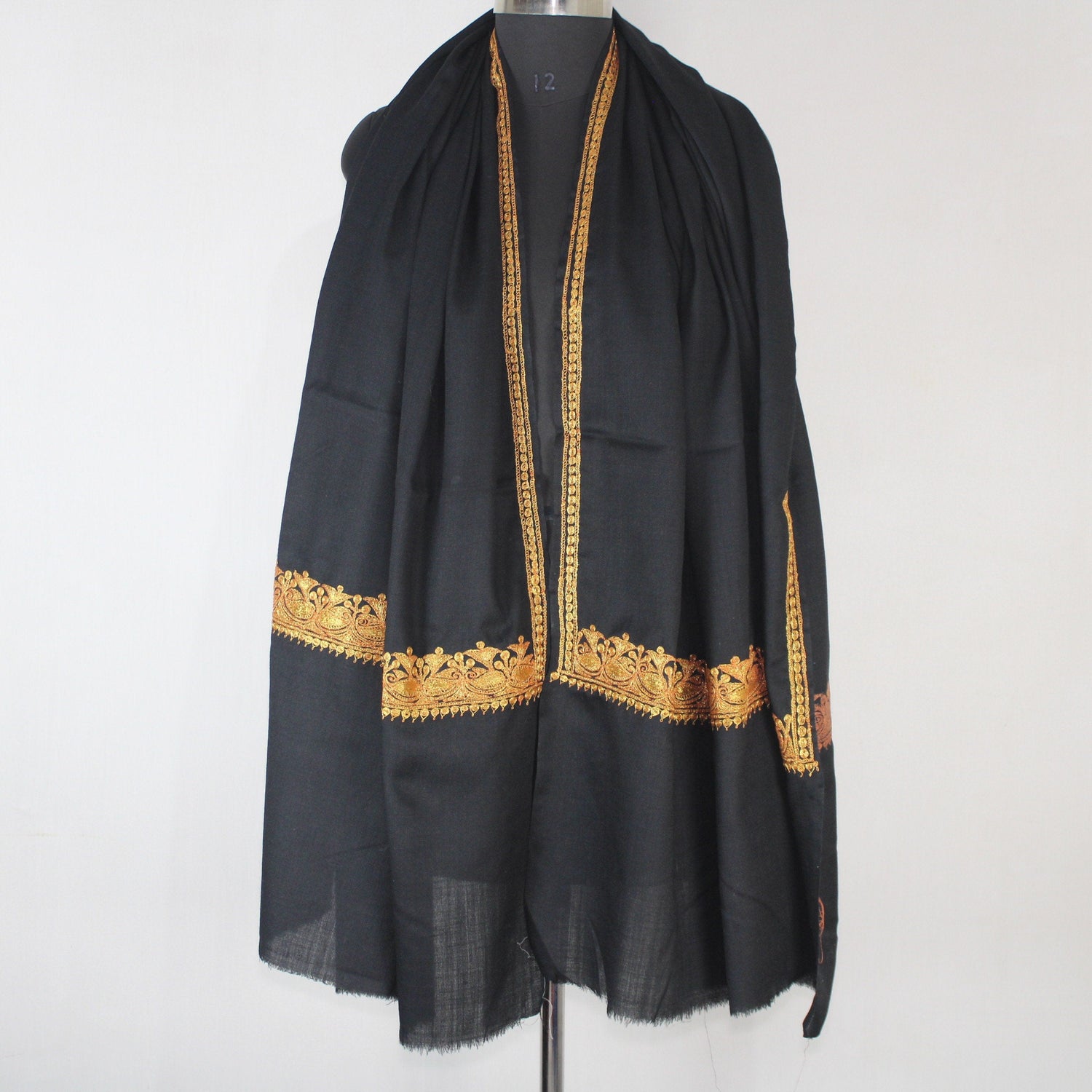 Kashmiri Merino Wool Shawl: Black Tilla Embroidery, Women&