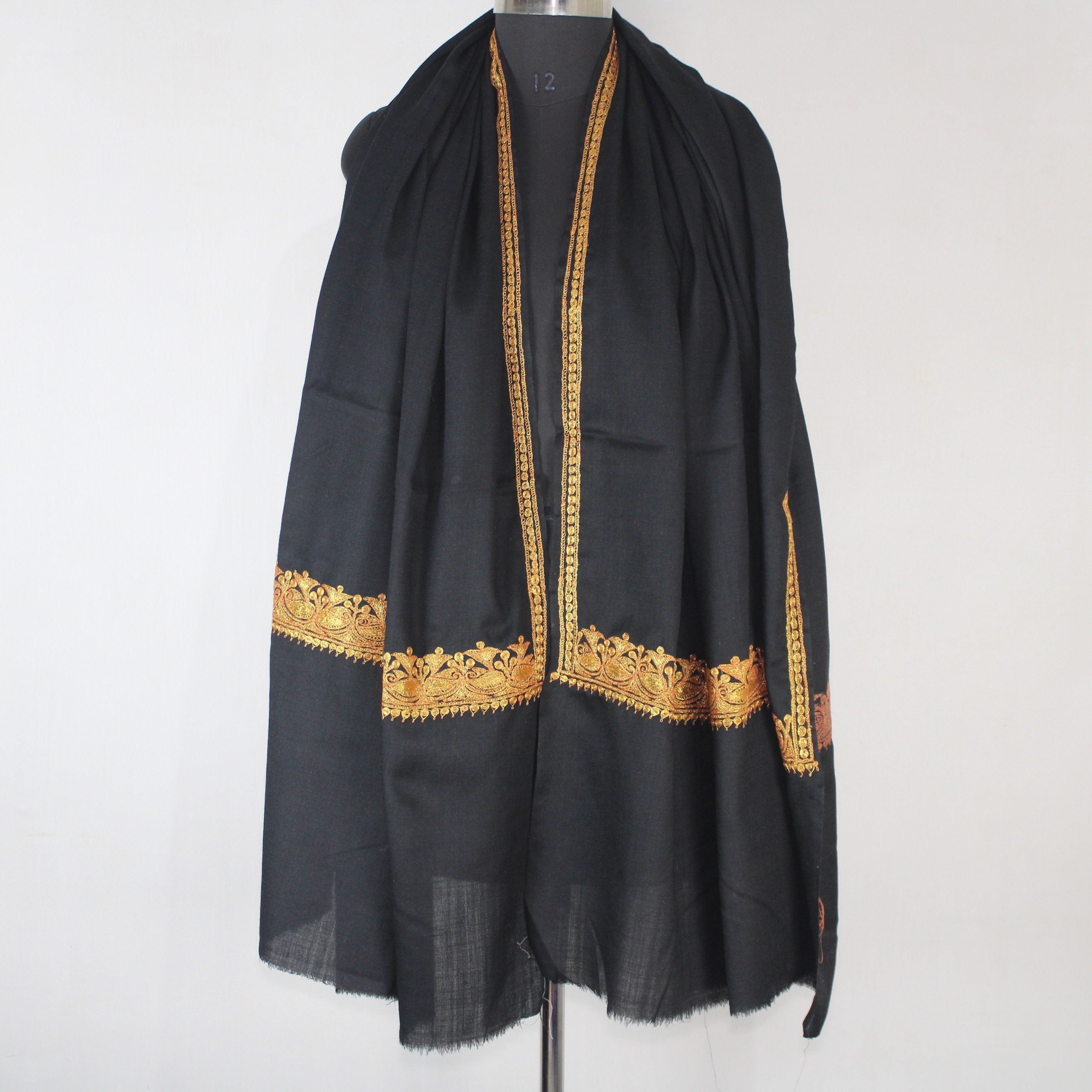 Kashmiri Merino Wool Shawl: Black Tilla Embroidery, Women&