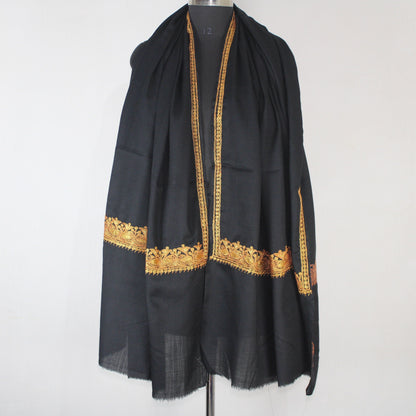 Kashmiri Merino Wool Shawl: Black Tilla Embroidery, Women&