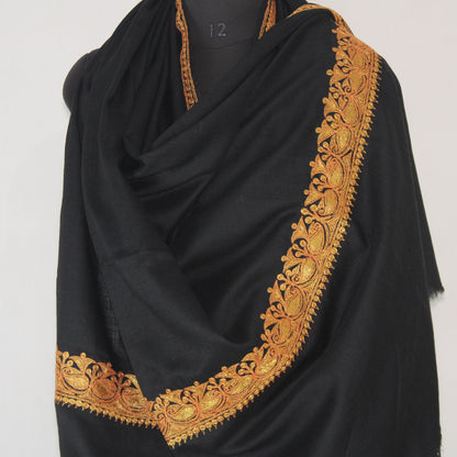 Kashmiri Merino Wool Shawl: Black Tilla Embroidery, Women&