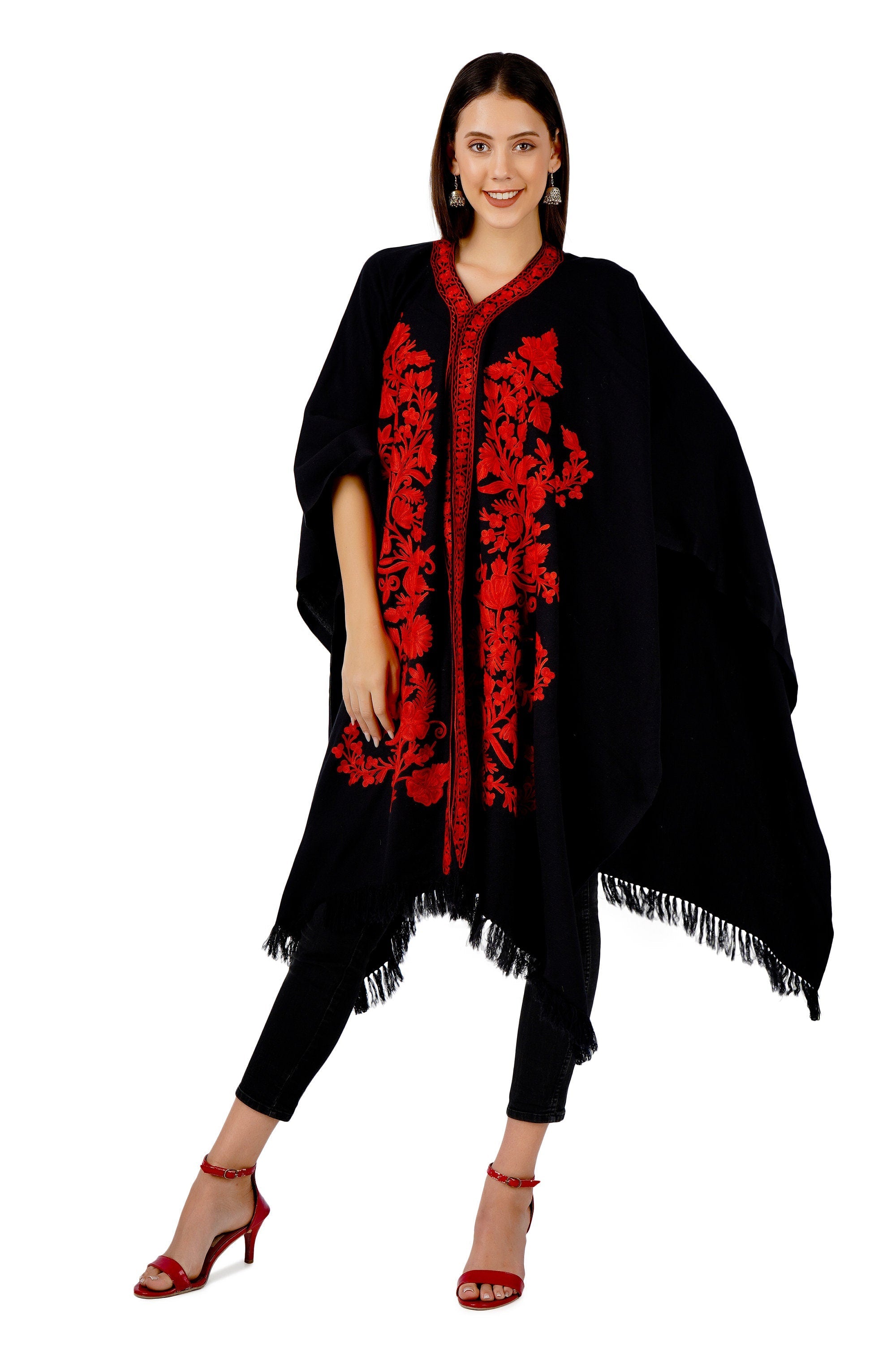 Kashmiri Aari Embroidered Cape Shawl for women, floral embroidered woollen cape shawl, womens poncho, Indian Wrap for women, winter wraps - BATIN