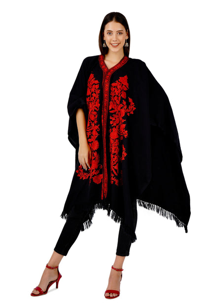 Kashmiri Aari Embroidered Cape Shawl for women, floral embroidered woollen cape shawl, womens poncho, Indian Wrap for women, winter wraps - BATIN