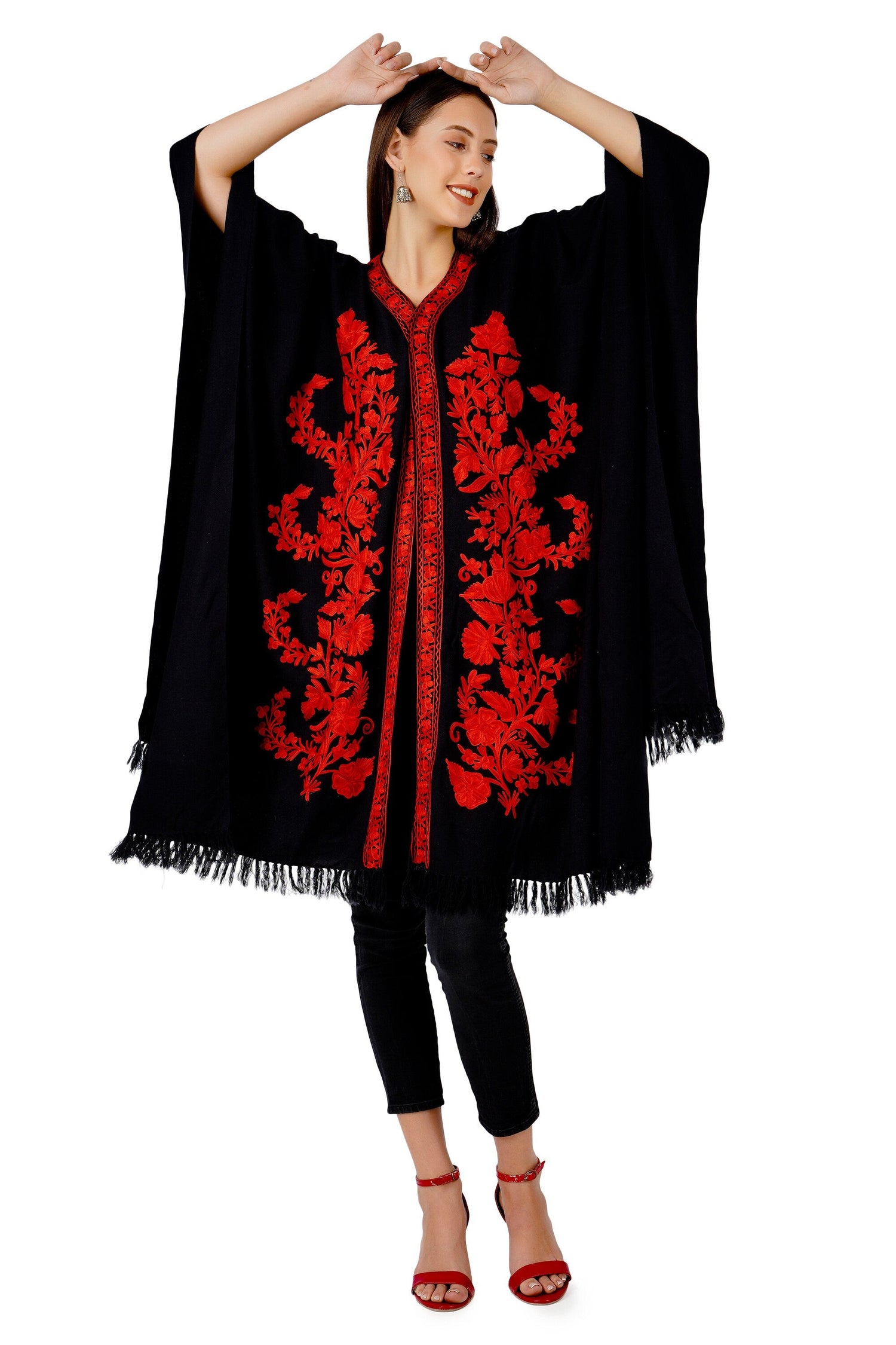 Kashmiri Aari Embroidered Cape Shawl for women, floral embroidered woollen cape shawl, womens poncho, Indian Wrap for women, winter wraps - BATIN
