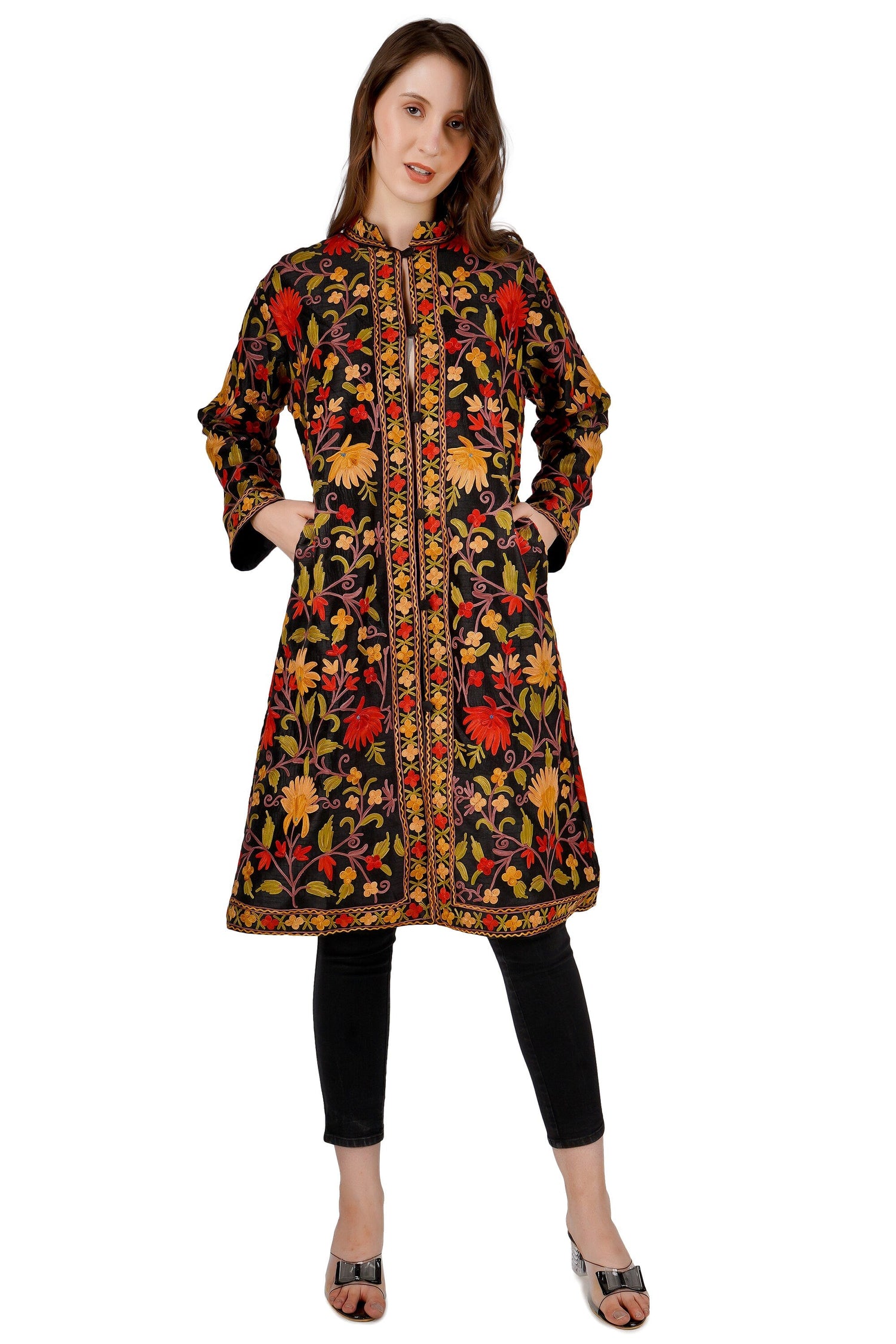 Kashmiri Silk Embroidered Jacket: Floral Aari Handmade Coat BATIN
