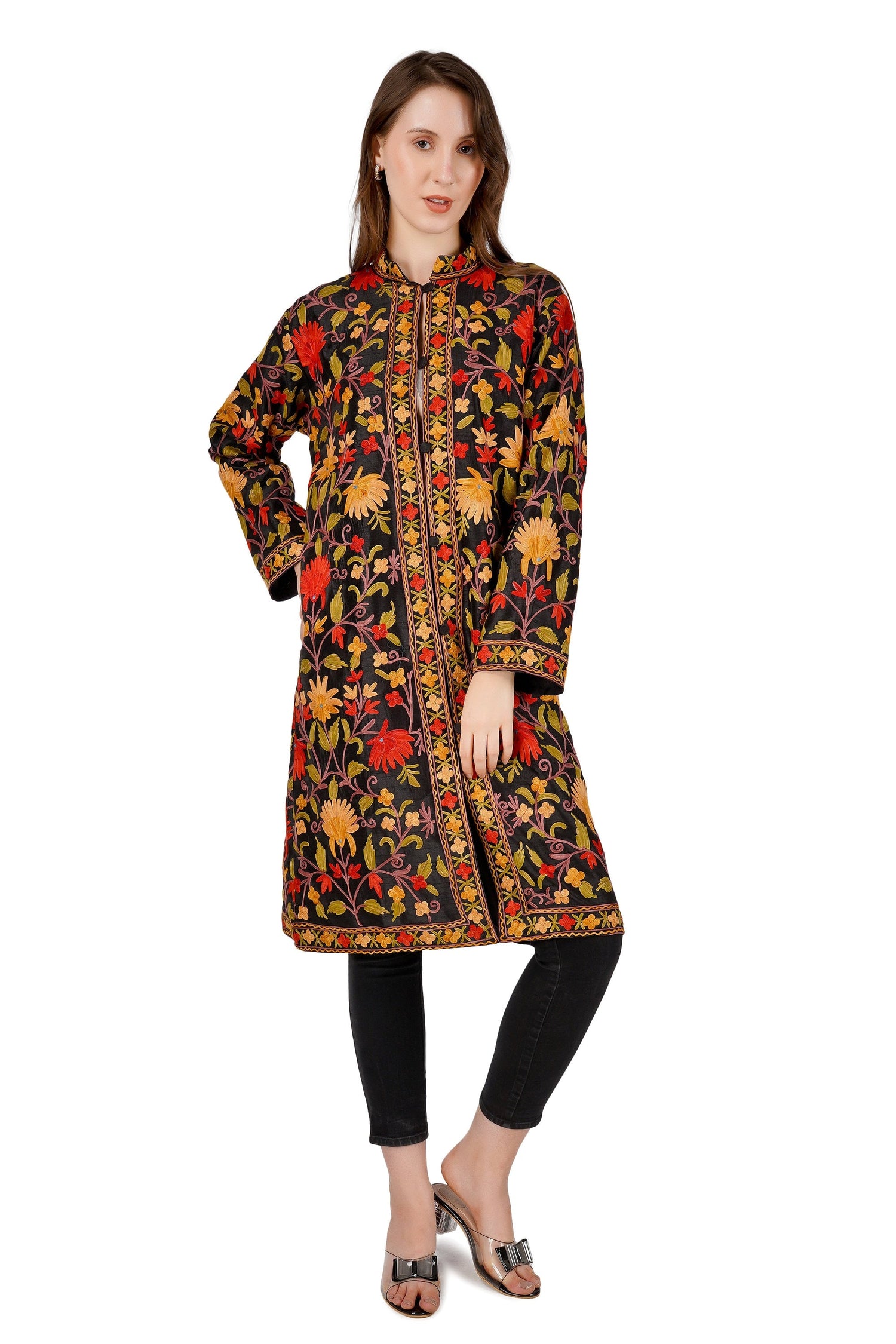 Kashmiri Silk Embroidered Jacket: Floral Aari Handmade Coat BATIN