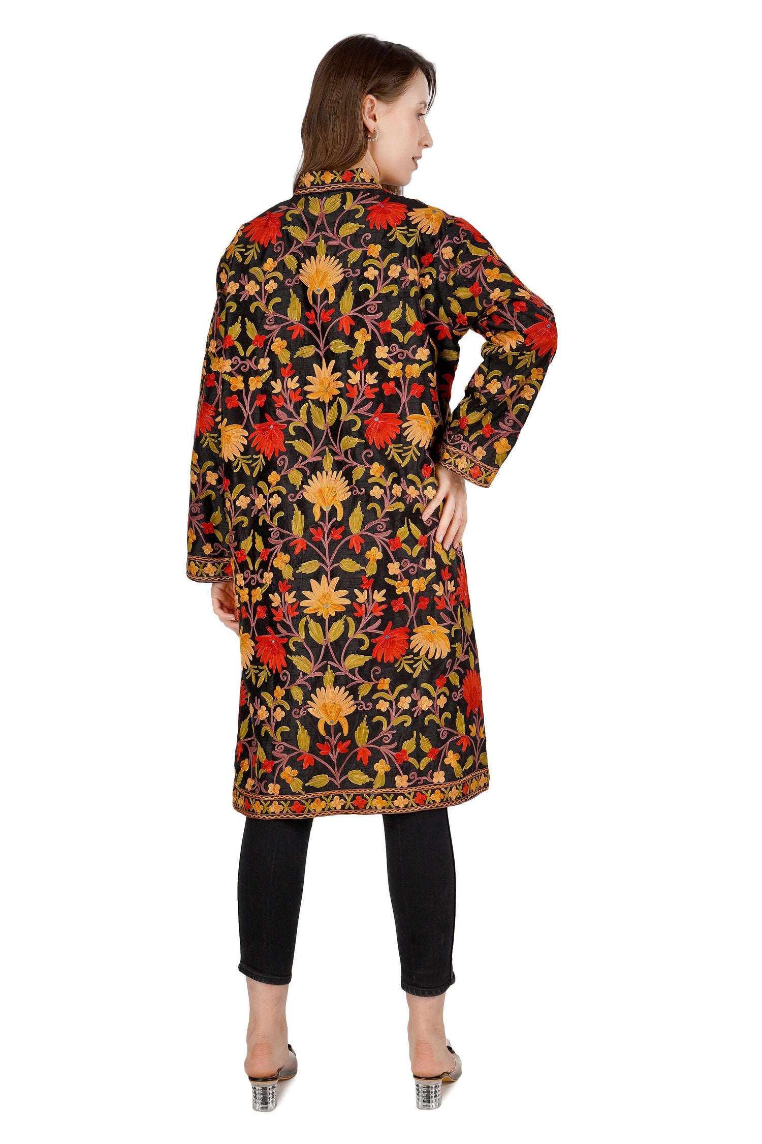Kashmiri Silk Embroidered Jacket: Floral Aari Handmade Coat BATIN