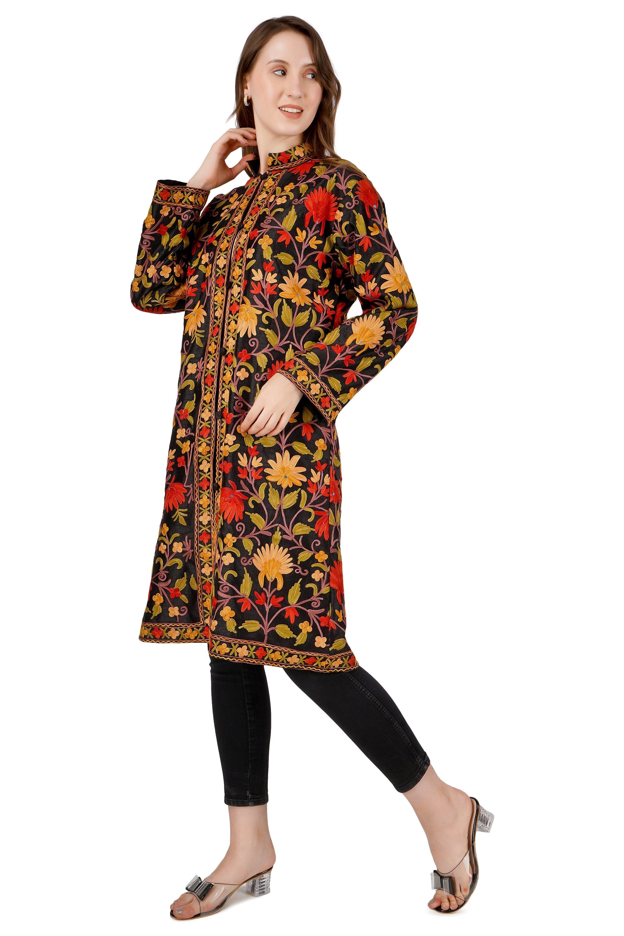 Kashmiri Silk Embroidered Jacket: Floral Aari Handmade Coat BATIN