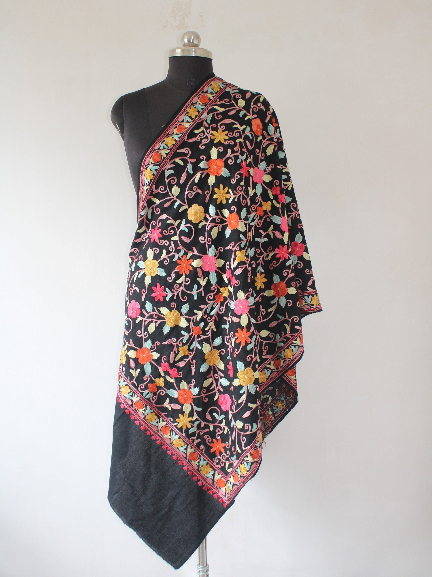 Kashmiri Wool Stole: Floral Aari Embroidery, Indian Shawl Wrap - BATIN