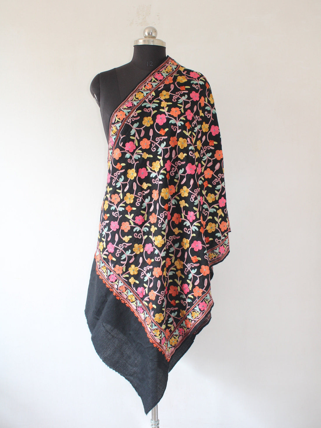 Kashmiri Wool Stole: Floral Aari Embroidery, Indian Shawl BATIN
