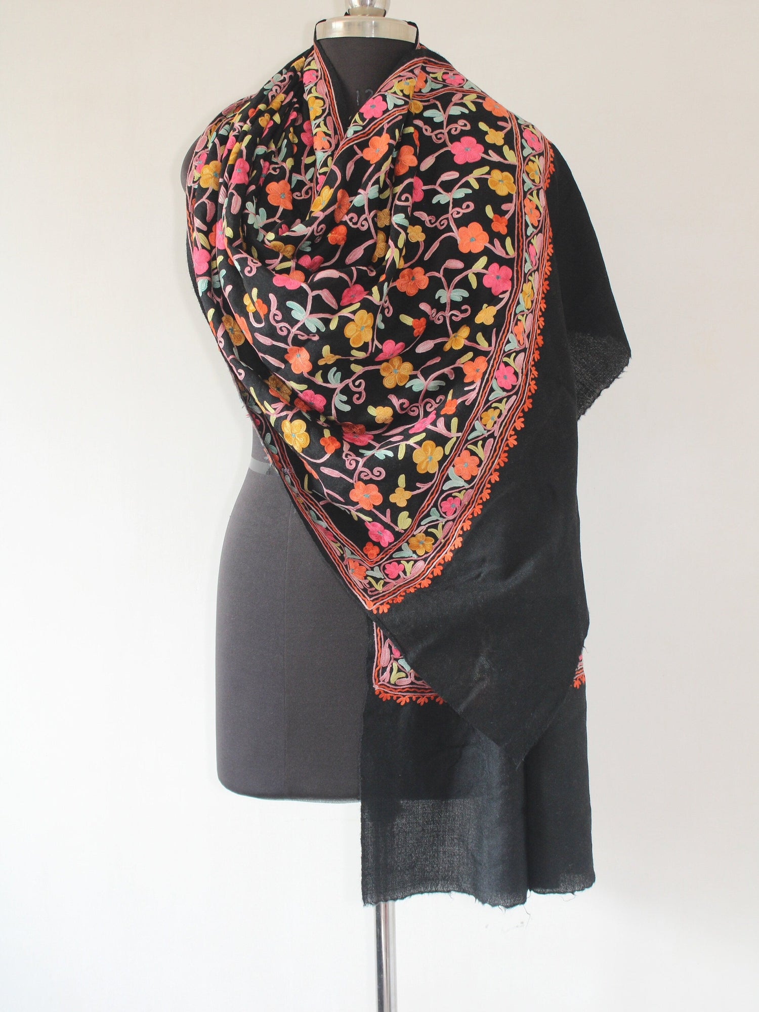 Kashmiri Wool Stole: Floral Aari Embroidery, Indian Shawl - BATIN
