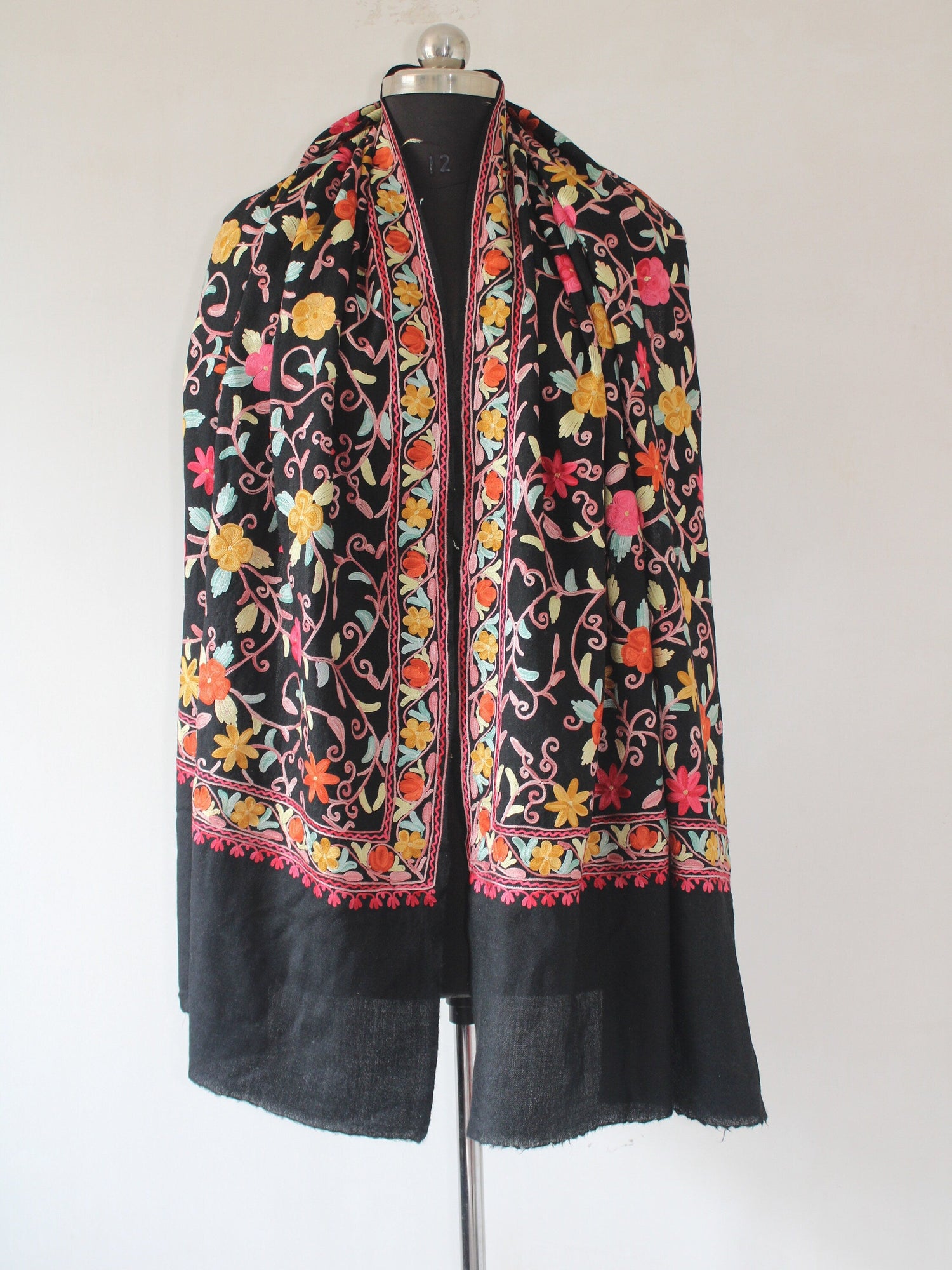 Kashmiri Wool Stole: Floral Aari Embroidery, Indian Shawl Wrap - BATIN