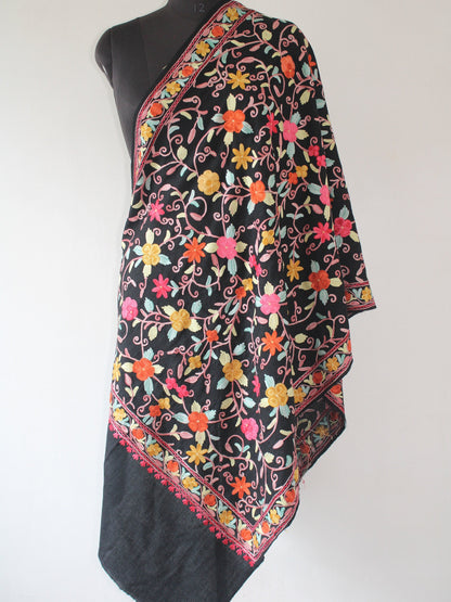 Kashmiri Wool Stole: Floral Aari Embroidery, Indian Shawl Wrap - BATIN