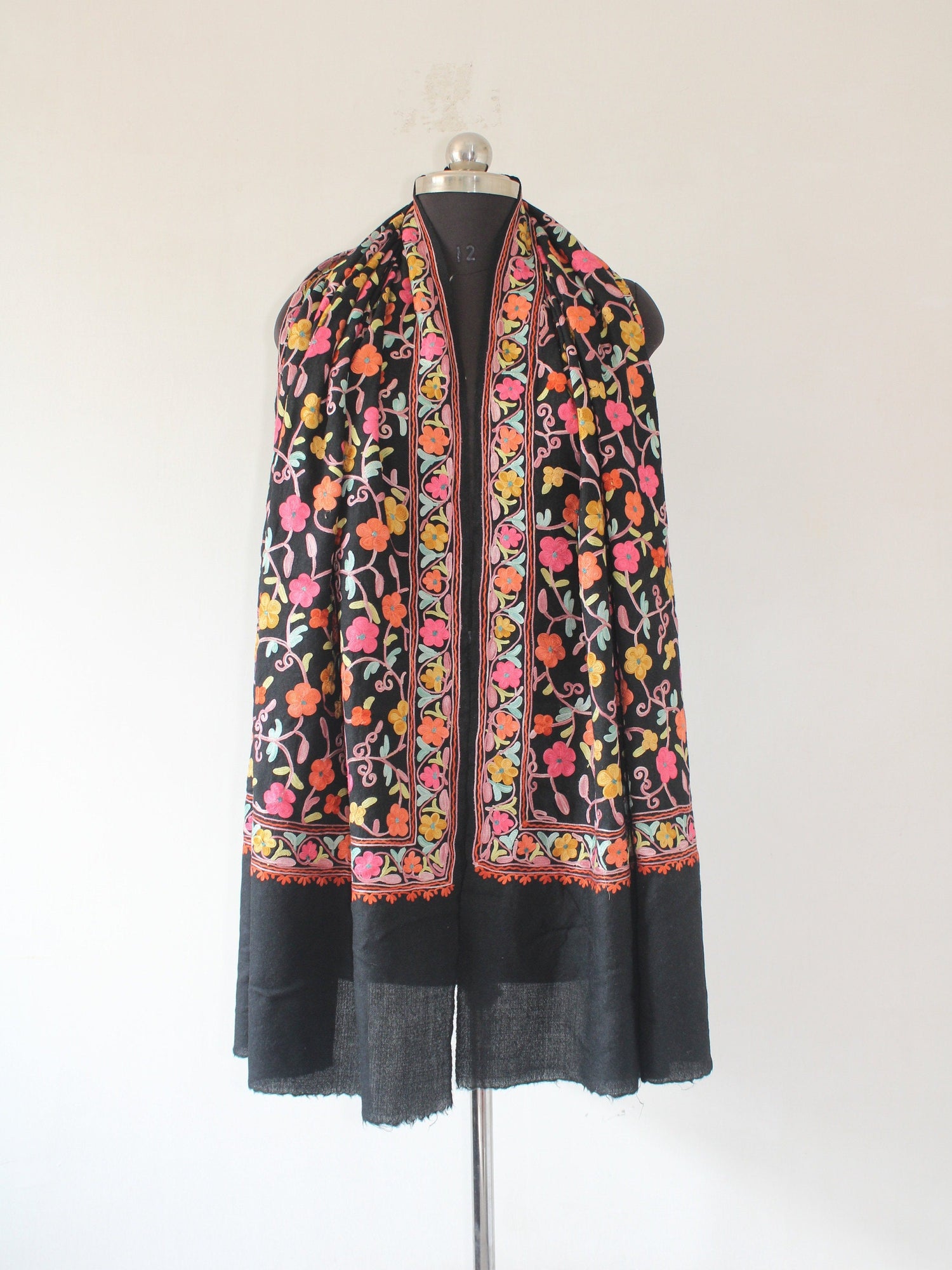 Kashmiri Wool Stole: Floral Aari Embroidery, Indian Shawl - BATIN