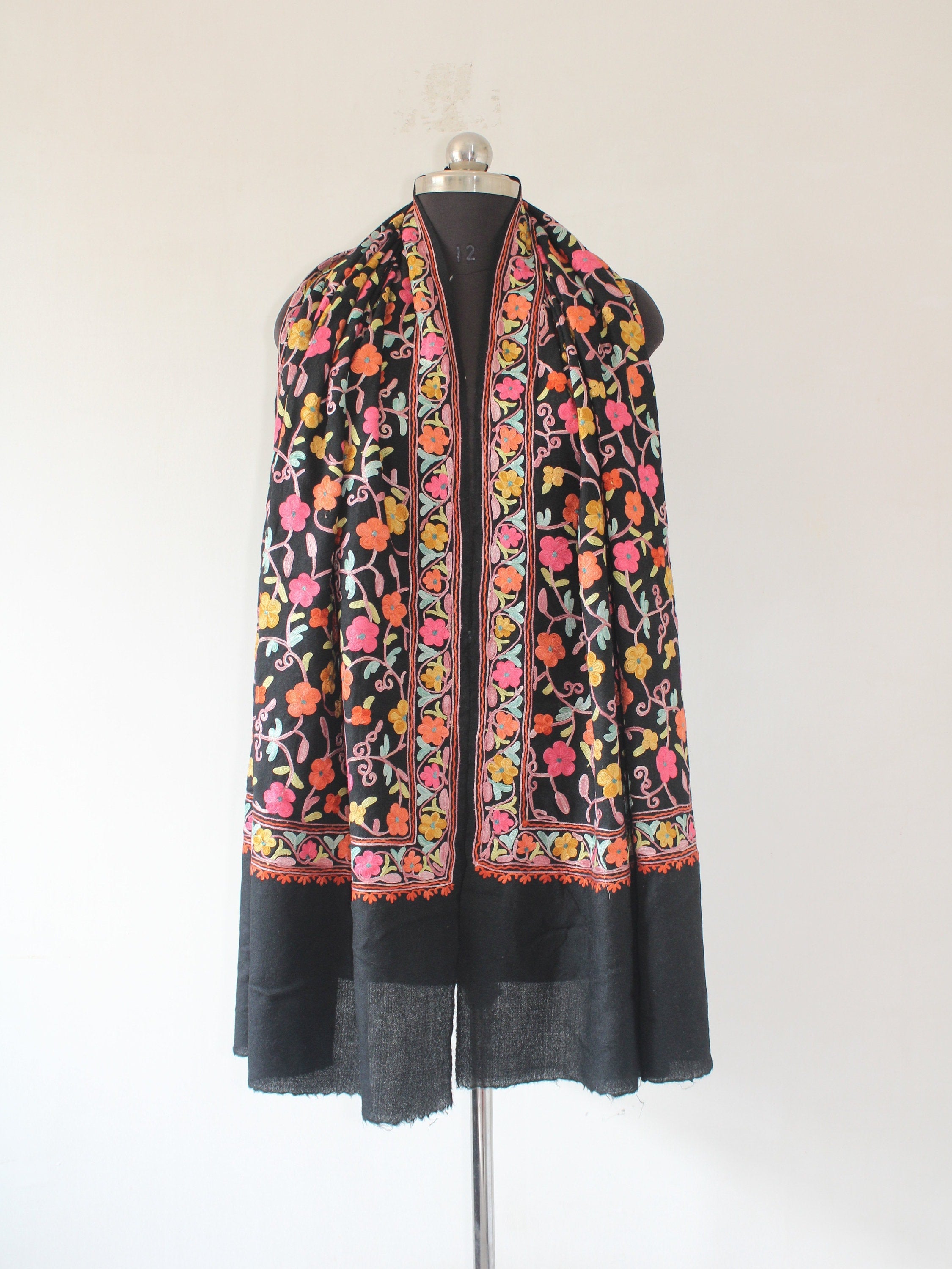 Kashmiri Wool Stole: Floral Aari Embroidery, Indian Shawl - BATIN