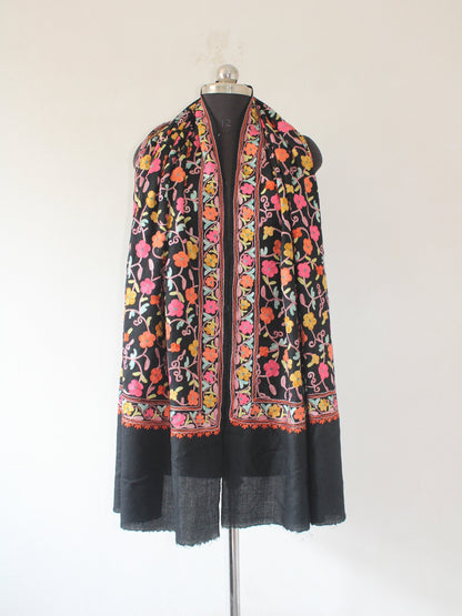 Kashmiri Wool Stole: Floral Aari Embroidery, Indian Shawl - BATIN