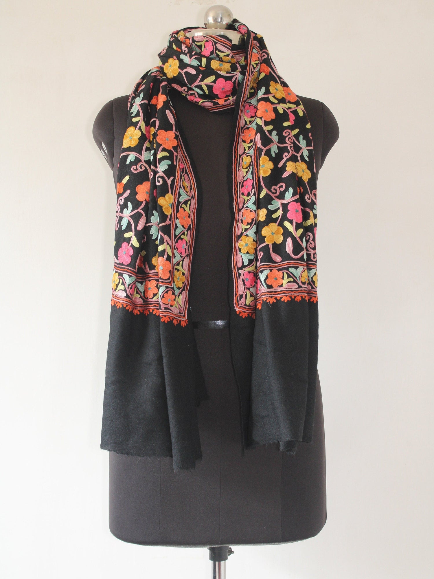 Kashmiri Wool Stole: Floral Aari Embroidery, Indian Shawl - BATIN