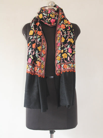 Kashmiri Wool Stole: Floral Aari Embroidery, Indian Shawl - BATIN