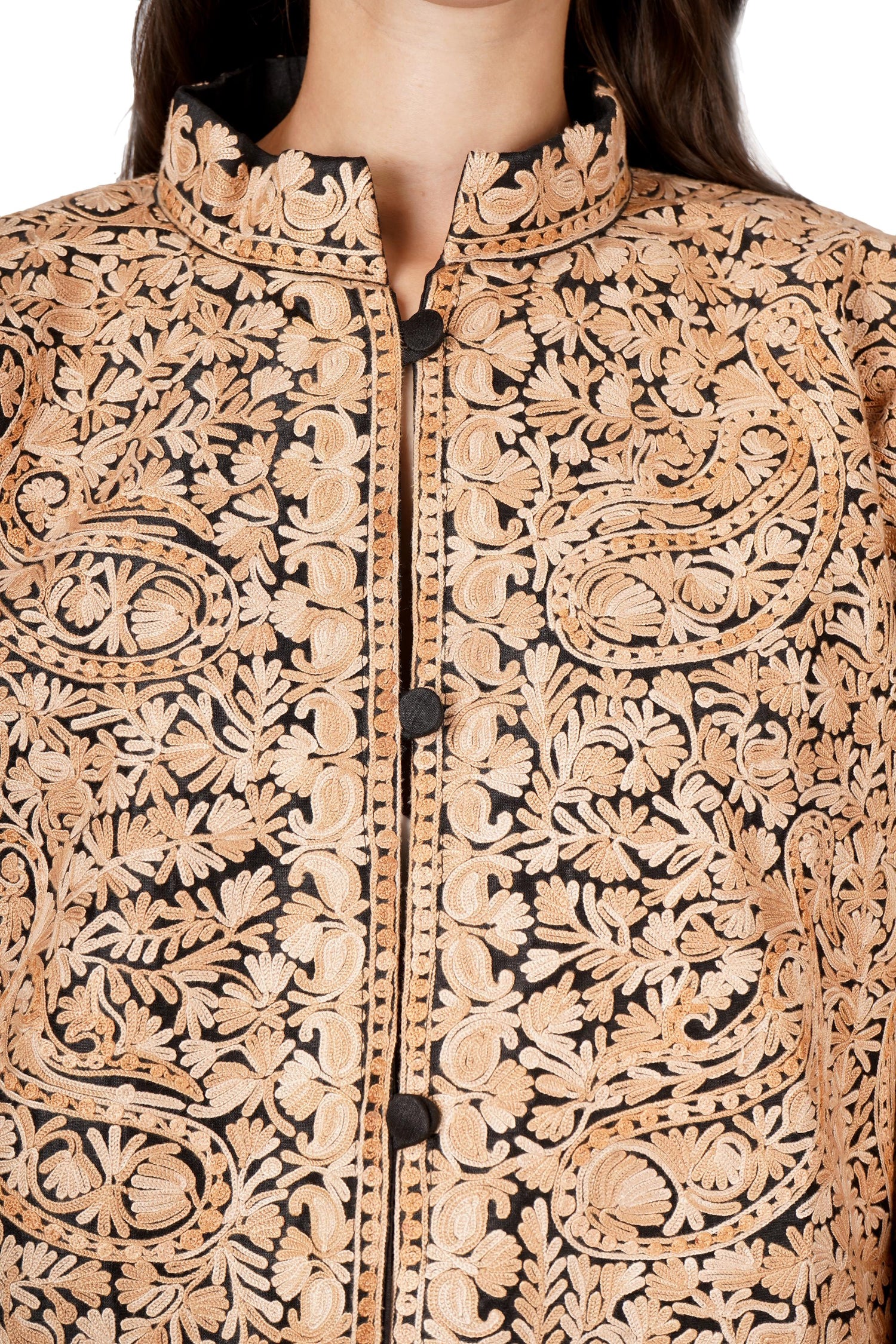 Aari Embroidered Silk Kashmiri Coat: Handmade Long Jacket BATIN