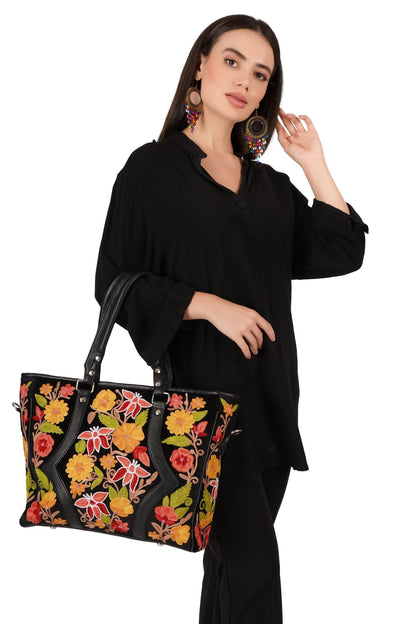 Handmade Kashmiri Embroidered Leather Tote Bag: Floral Office Bag - BATIN