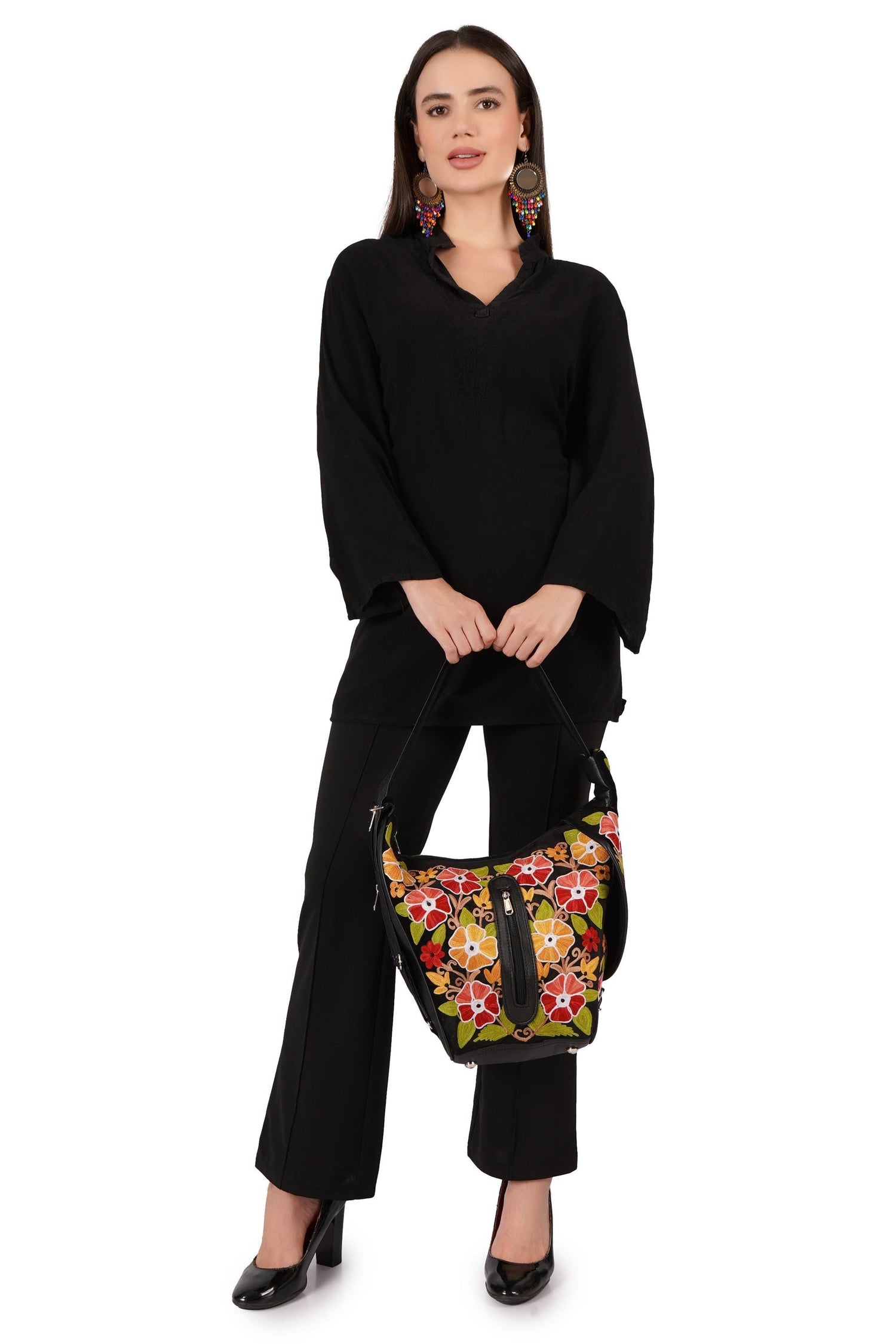 Handmade Kashmiri Embroidered Leather Backpack: Slouchy Hobo Bag BATIN