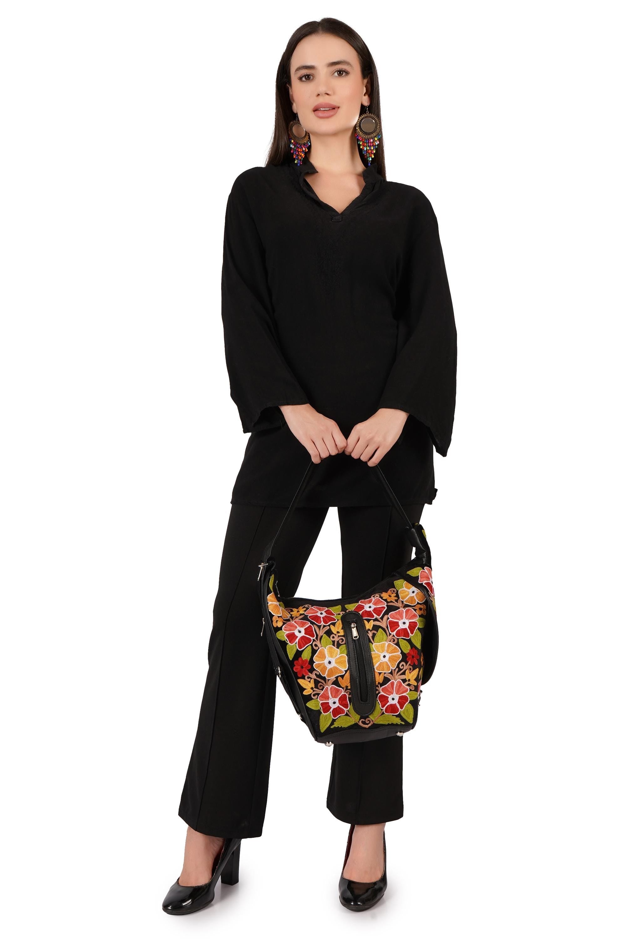 Handmade Kashmiri Embroidered Leather Backpack: Slouchy Hobo Bag BATIN