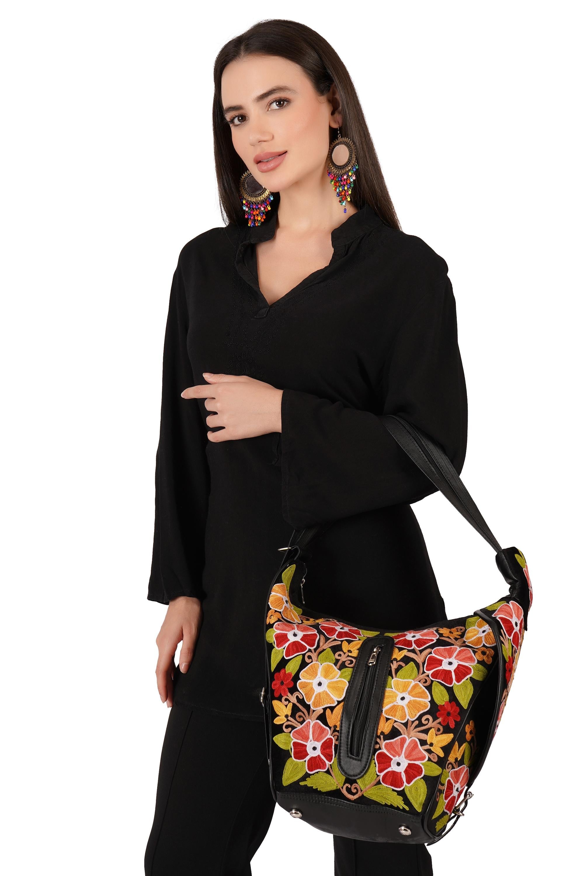 Handmade Kashmiri Embroidered Leather Backpack: Slouchy Hobo Bag BATIN