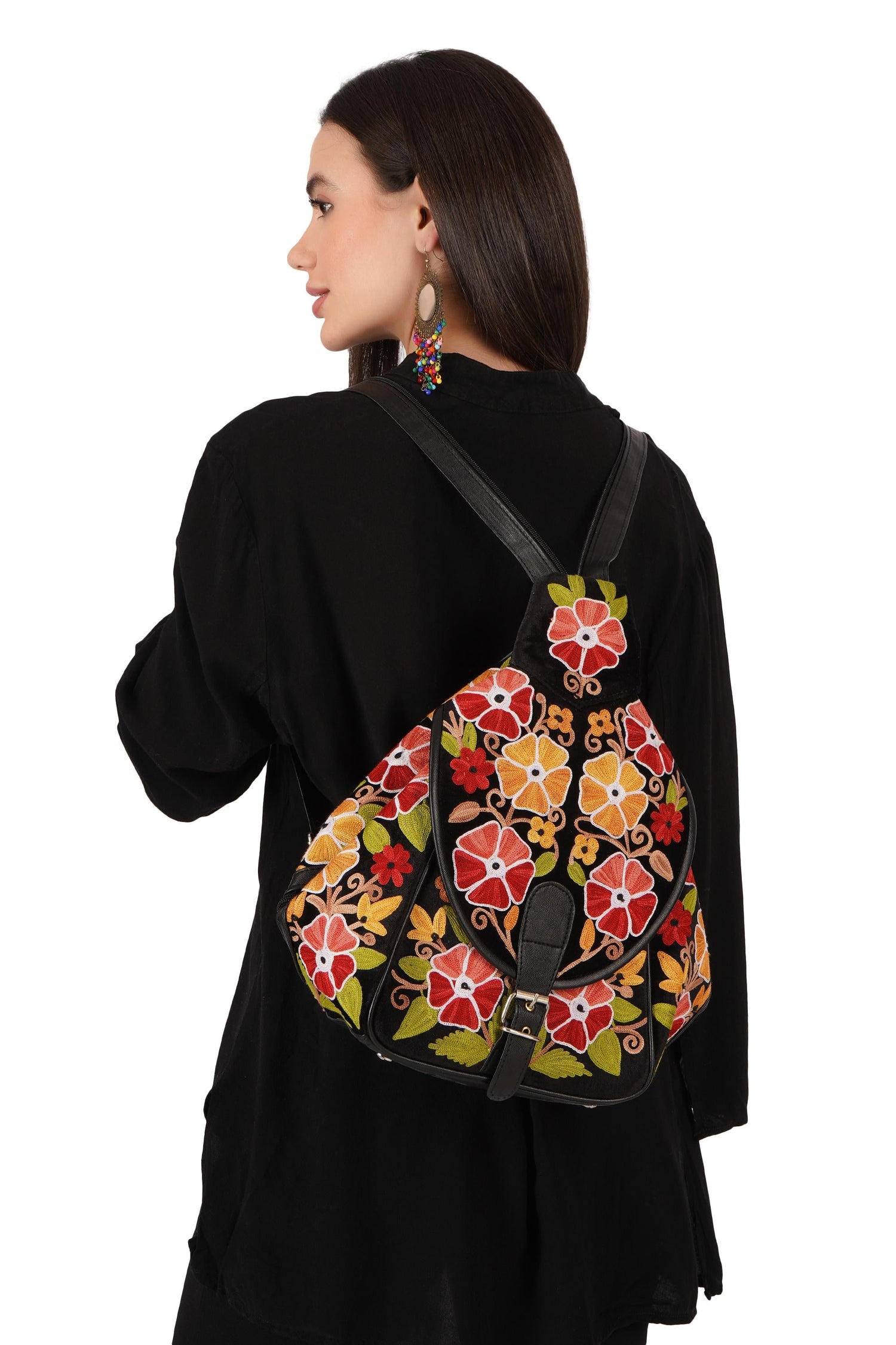 Handmade Kashmiri Embroidered Leather Backpack: Slouchy Hobo Bag BATIN