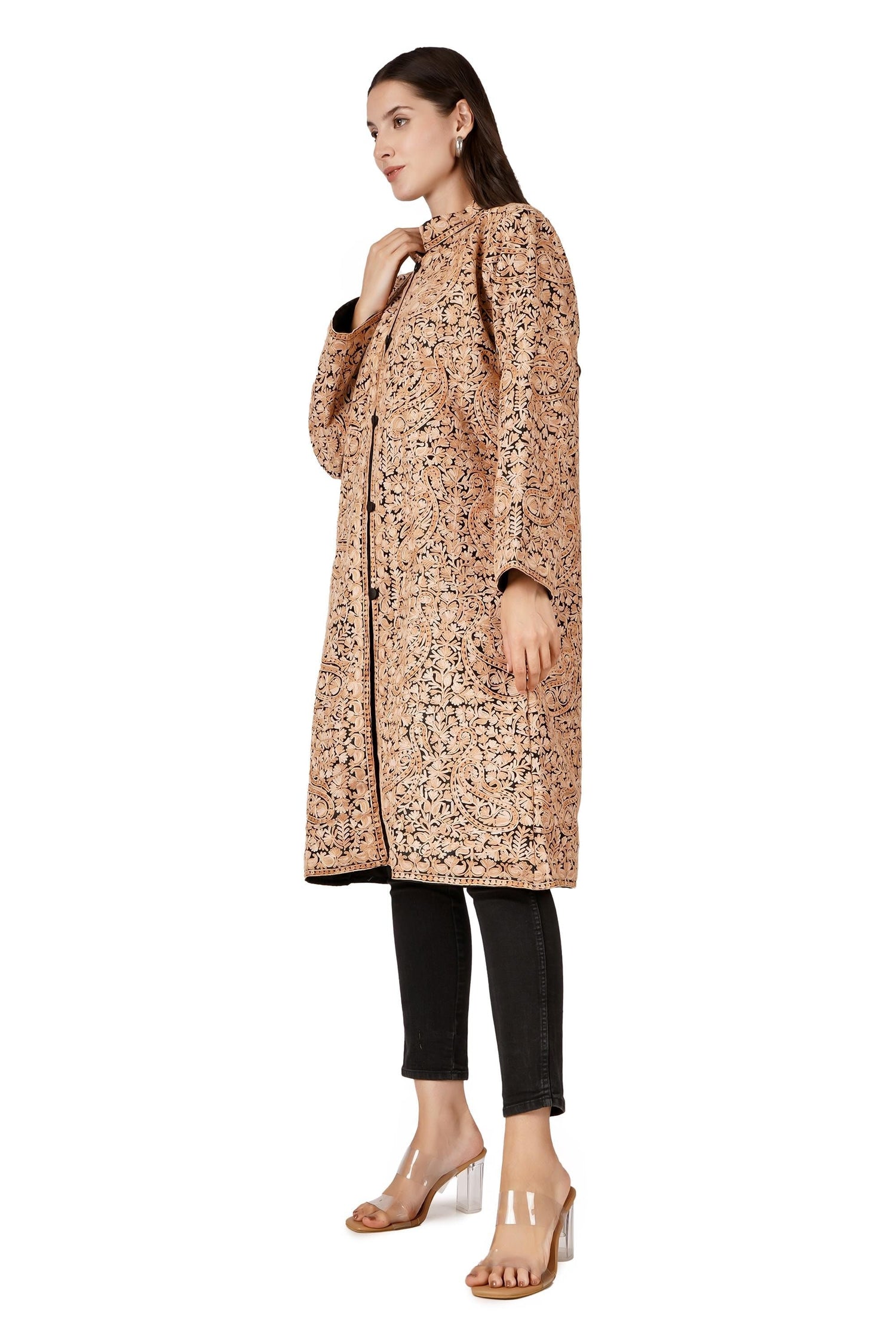 Aari Embroidered Silk Kashmiri Coat: Handmade Long Jacket BATIN