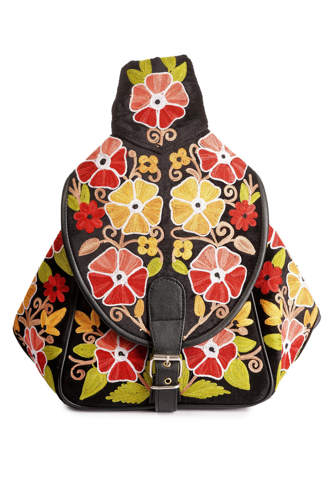 Handmade Kashmiri Embroidered Leather Backpack: Slouchy Hobo Bag - BATIN