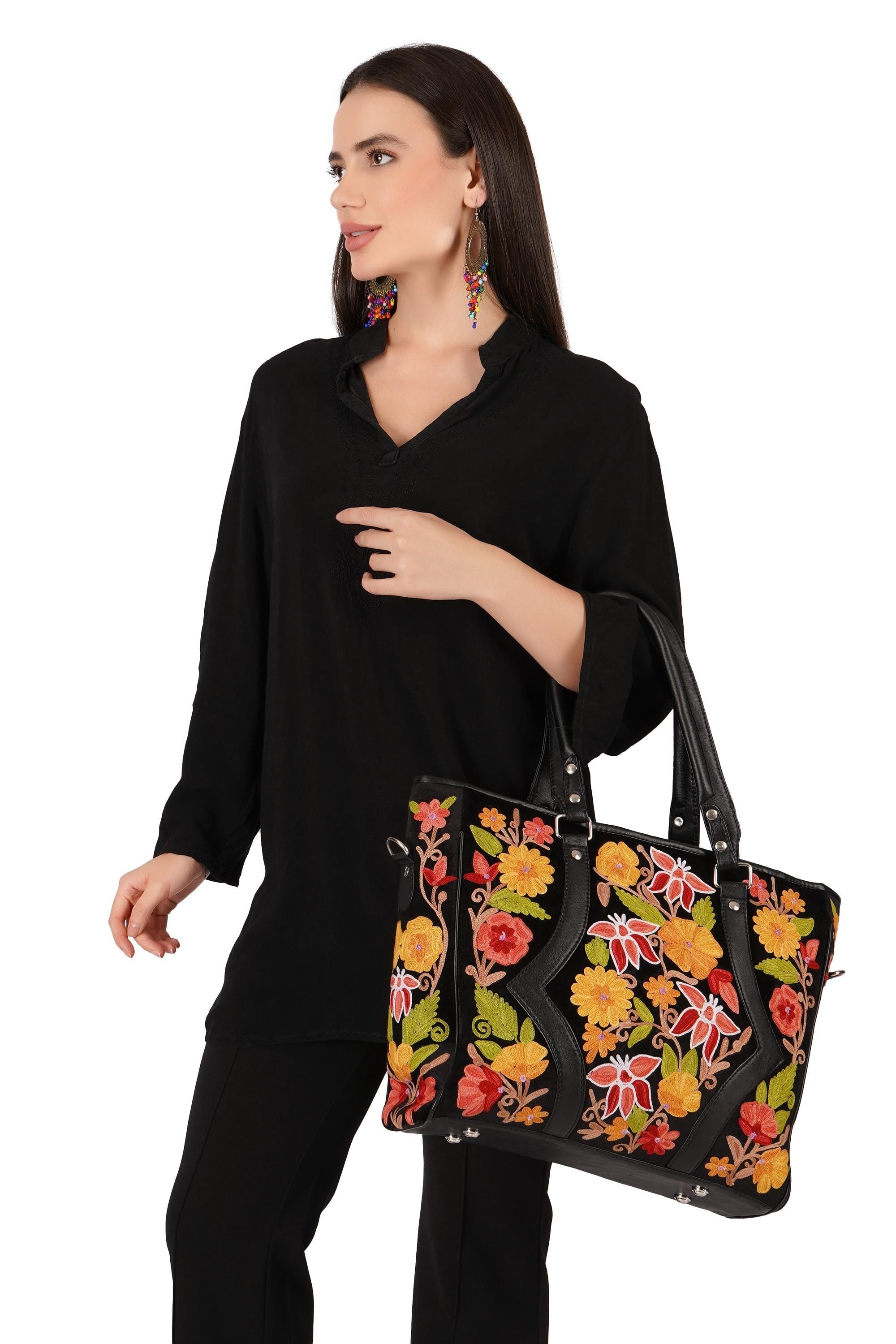 Handmade Kashmiri Embroidered Leather Tote Bag: Floral Office Bag - BATIN