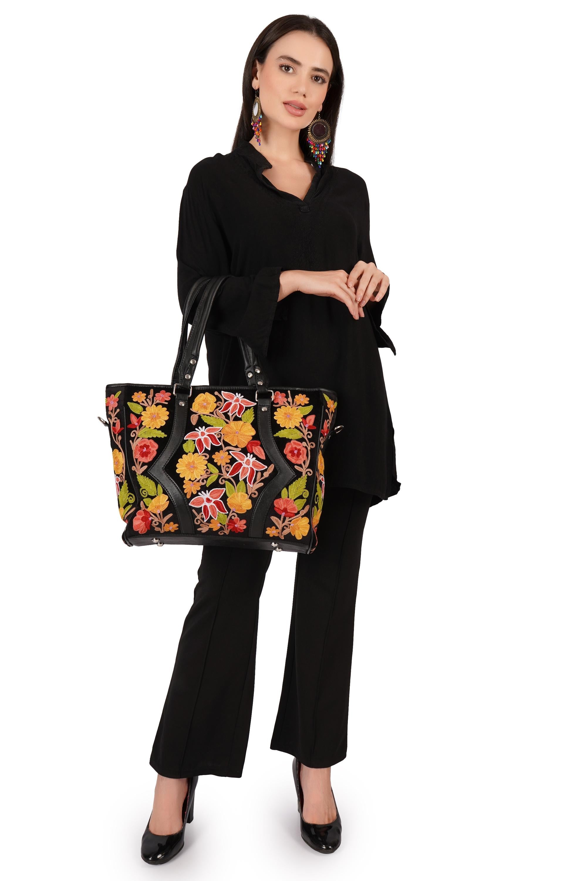 Handmade Kashmiri Embroidered Leather Tote Bag: Floral Office Bag - BATIN