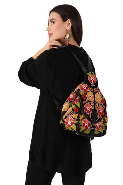 Handmade Kashmiri Embroidered Leather Backpack: Slouchy Hobo Bag BATIN
