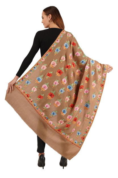 Kashmiri Merino Wool Shawl: Hand Embroidered Floral Aari &amp; Tilla Work BATIN