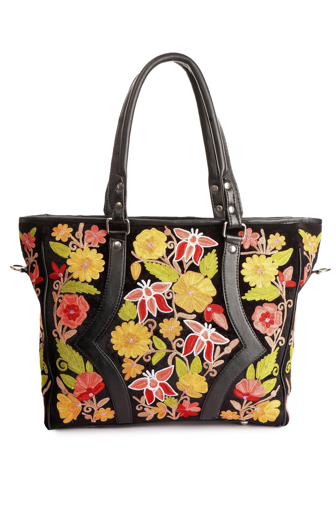 Handmade Kashmiri Embroidered Leather Tote Bag: Floral Office Bag - BATIN