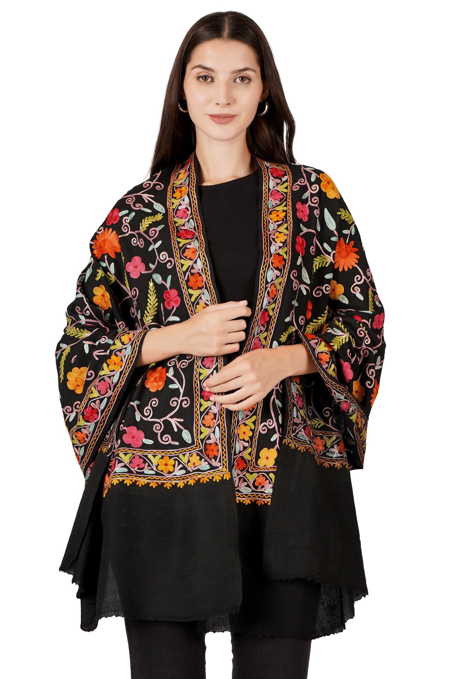 Floral Kashmiri Wool Scarf: Aari Embroidery Shawl Wrap - BATIN