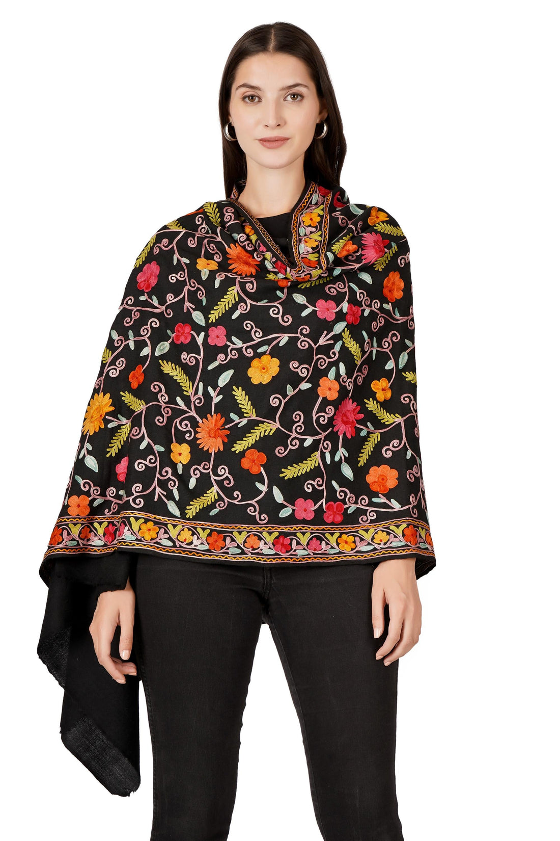 Floral Kashmiri Wool Scarf: Aari Embroidery Shawl Wrap BATIN