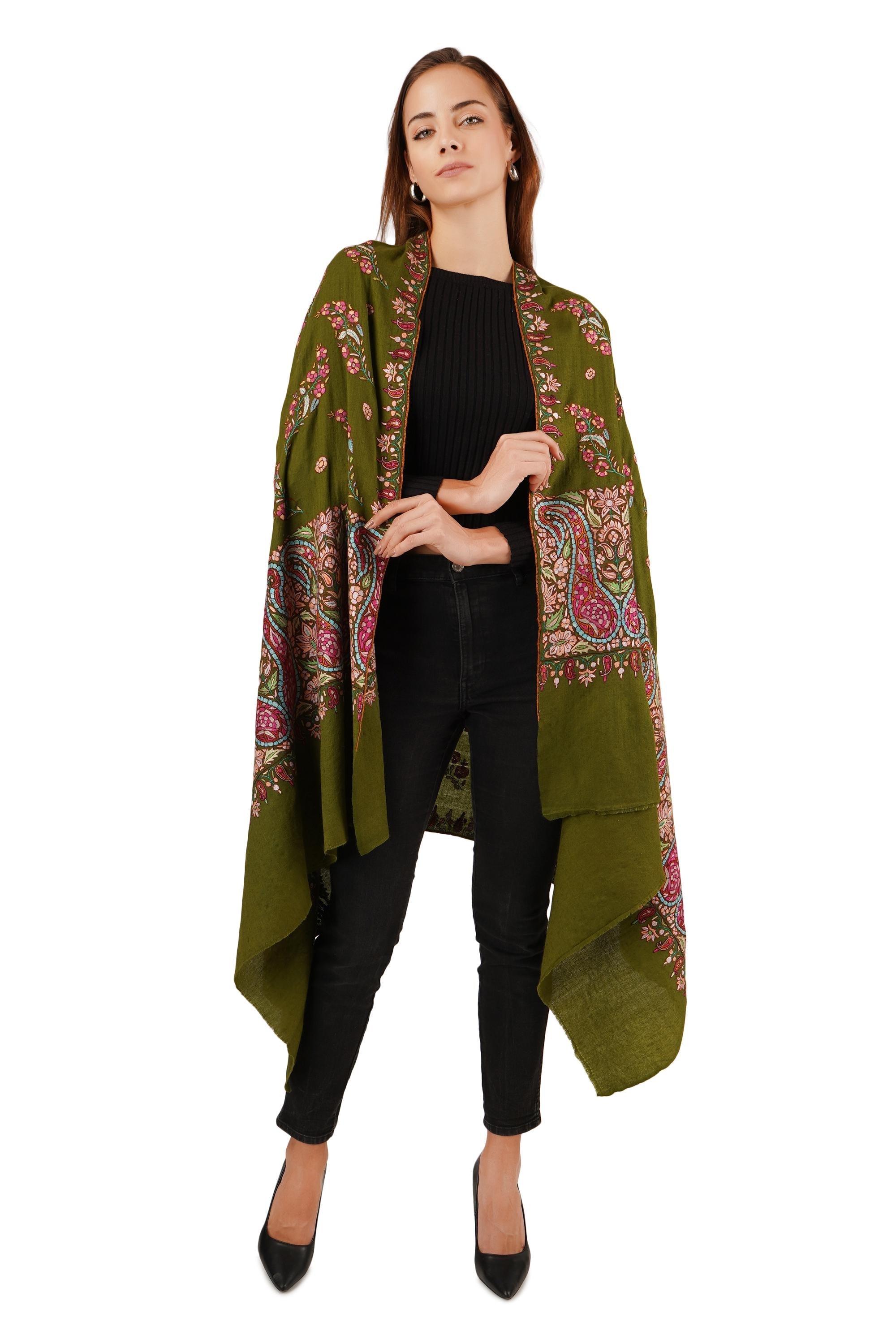 Handmade Green Pashmina Shawl: Sozni Paper Mache Embroidery - BATIN