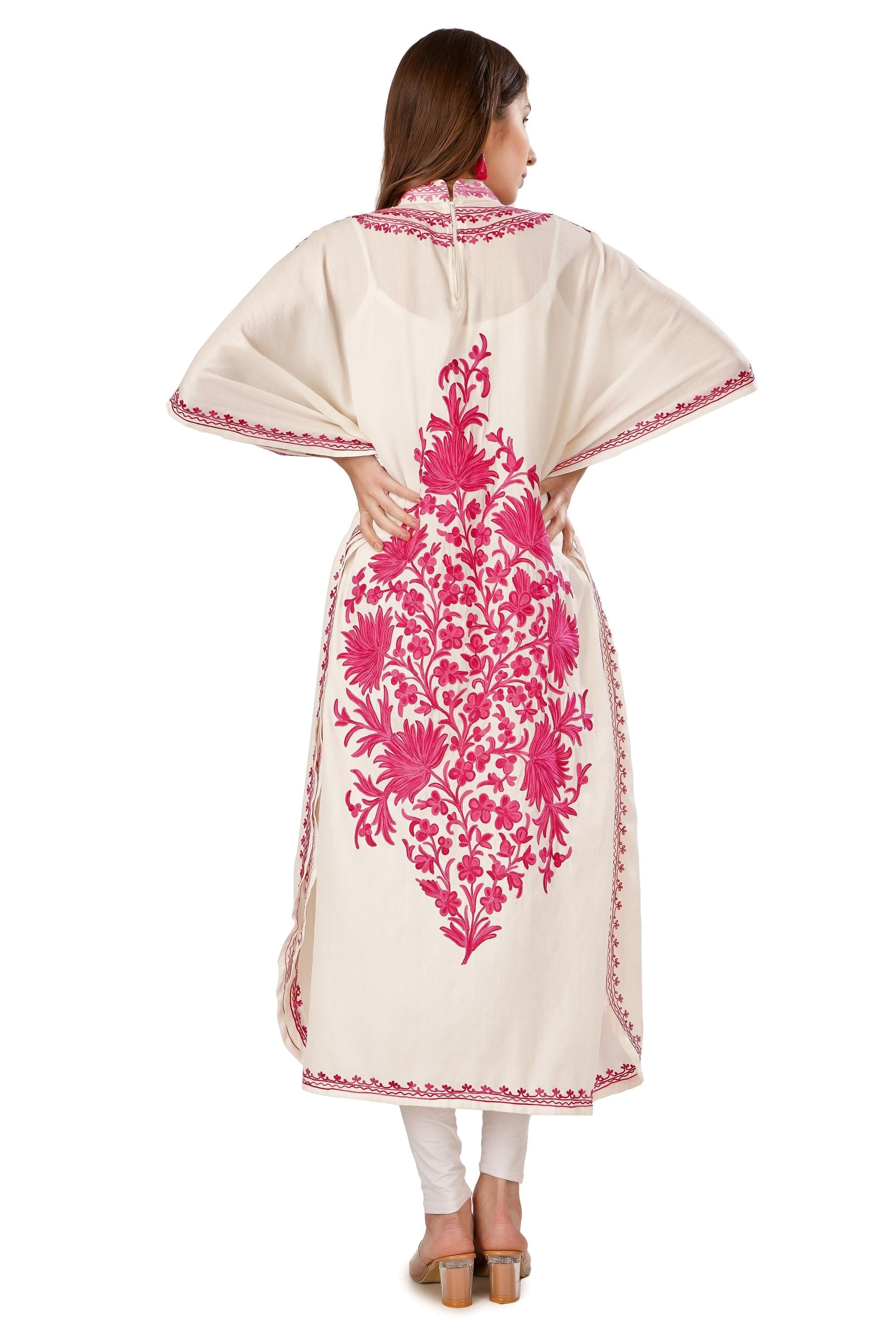 Kashmiri Aari Embroidered Wool Kaftan Dress: Pink Floral, Bohemian Maxi BATIN