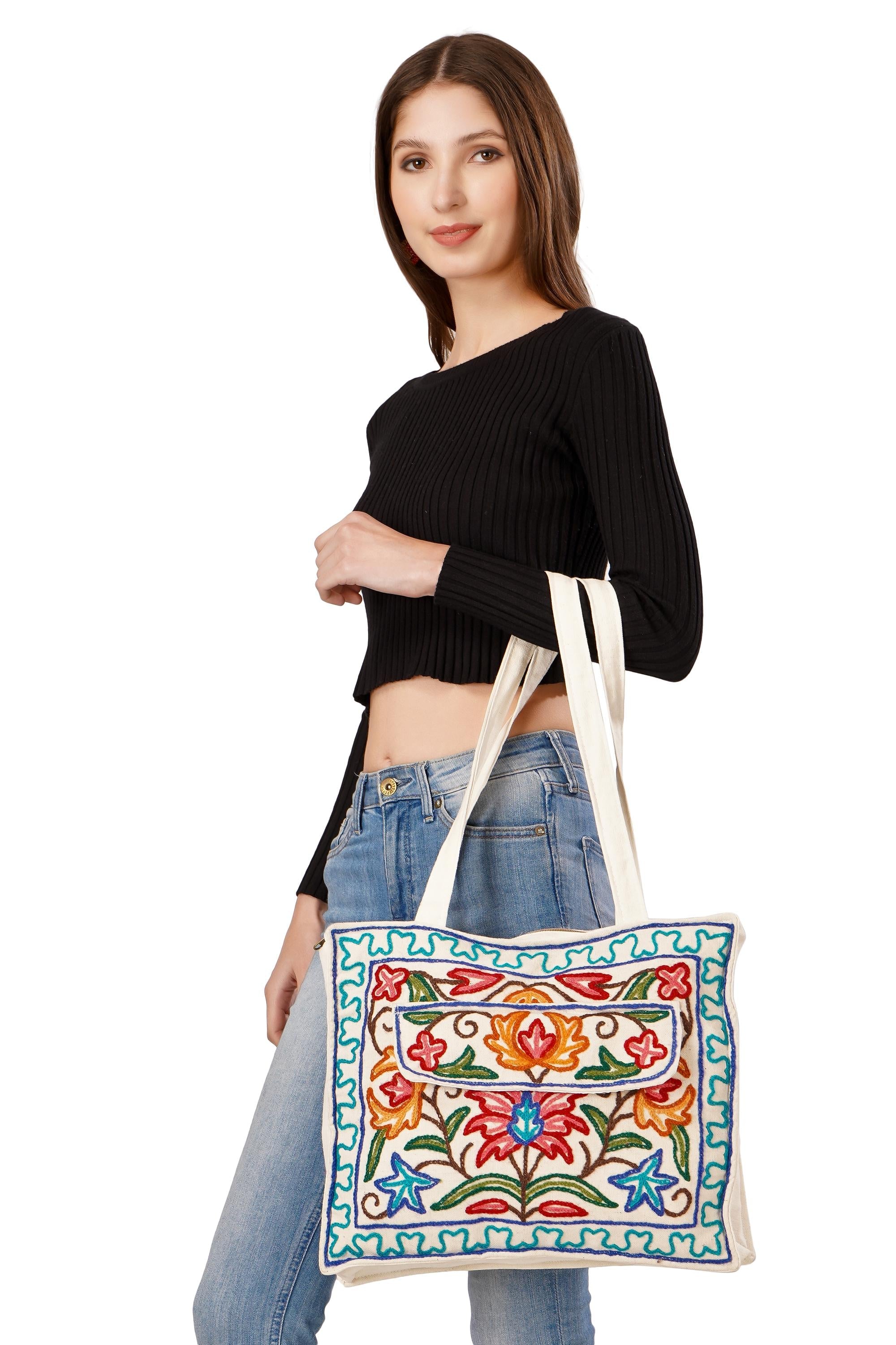 Handmade Kashmiri Embroidered Cotton Tote Bag: Boho Floral Shoulder Bag - BATIN