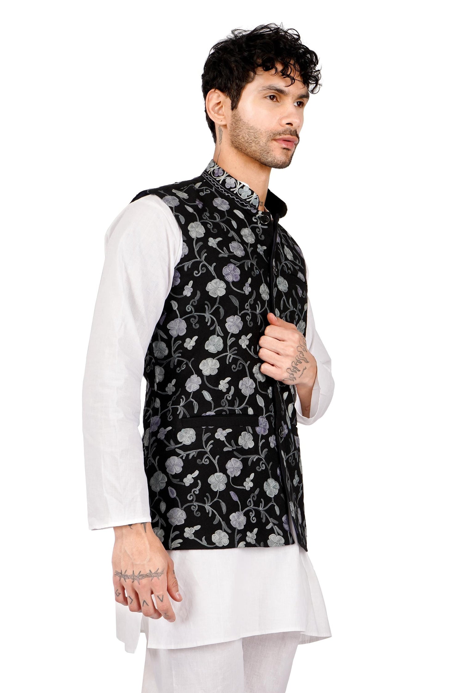 Handmade Kashmiri Aari Embroidered Nehru Jacket: Floral Modi Waistcoat - BATIN