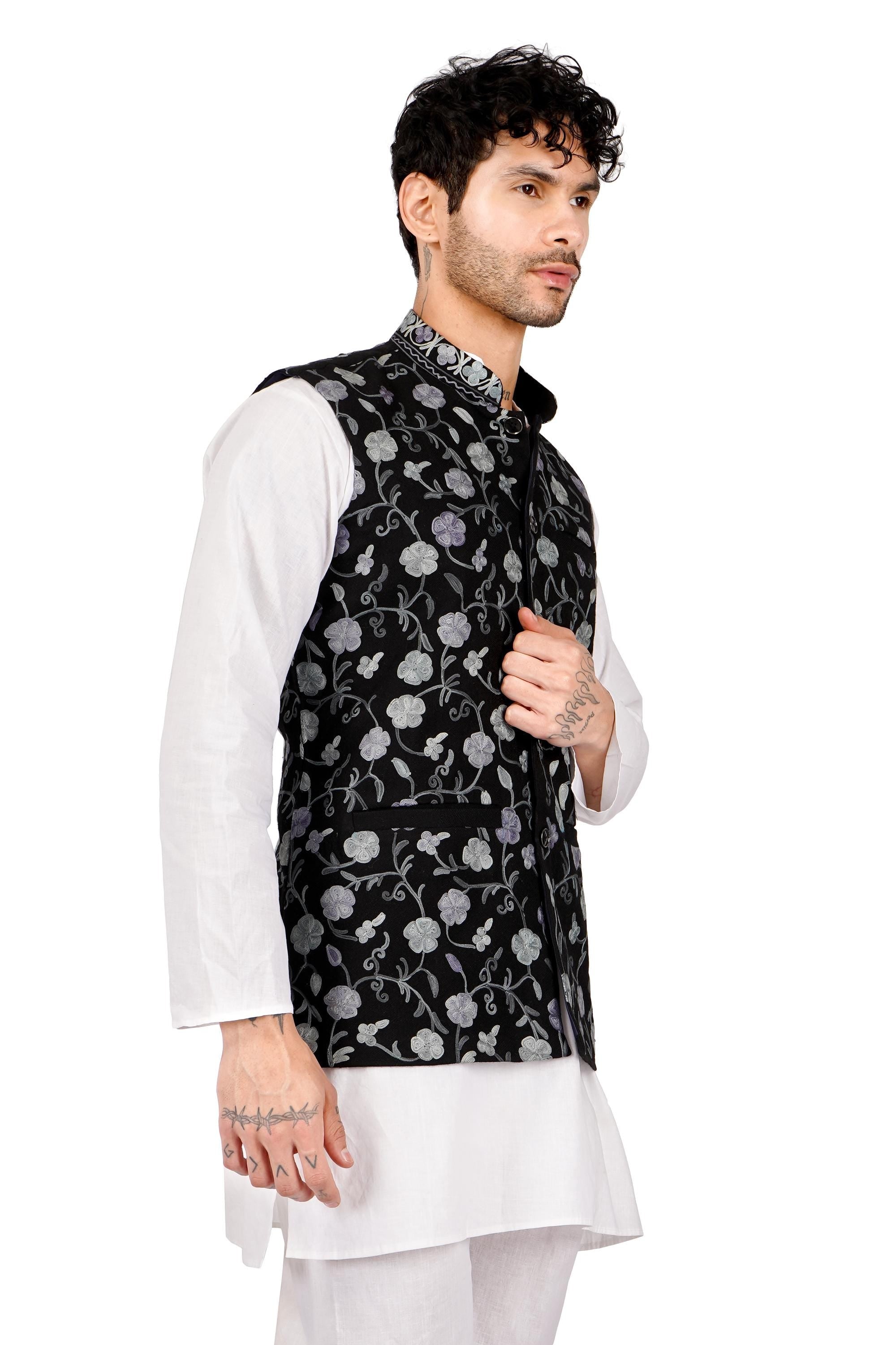 Handmade Kashmiri Aari Embroidered Nehru Jacket: Floral Modi Waistcoat - BATIN