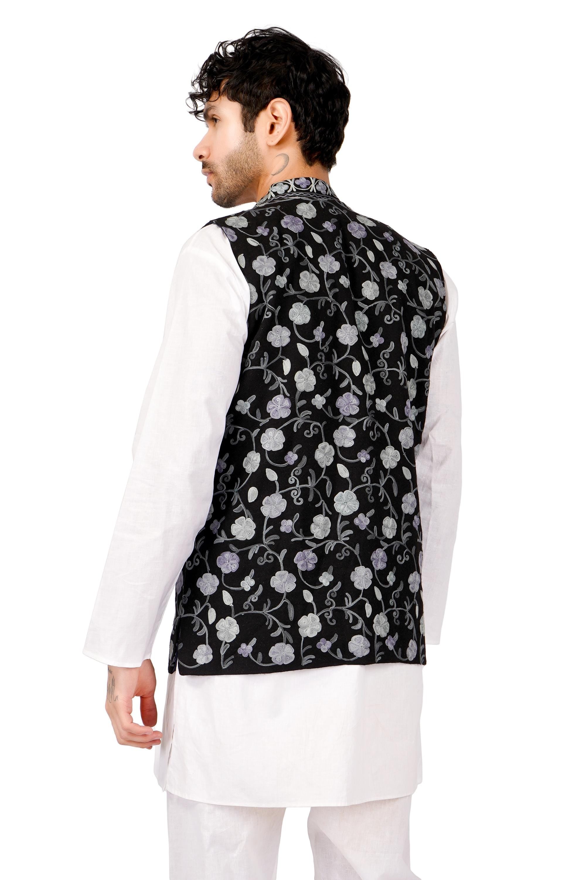 Handmade Kashmiri Aari Embroidered Nehru Jacket: Floral Modi Waistcoat - BATIN