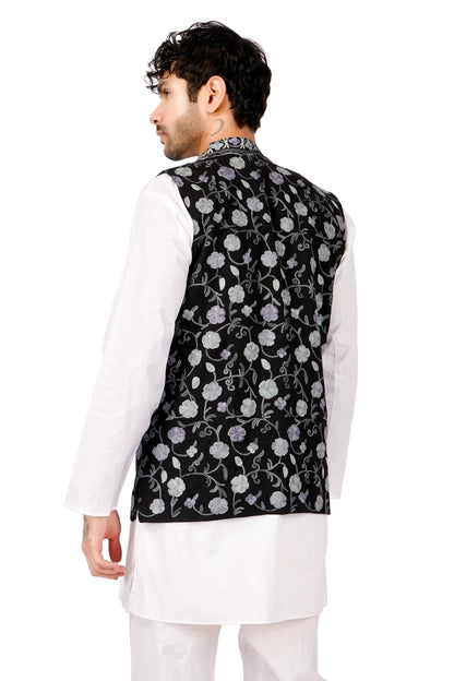 Handmade Kashmiri Aari Embroidered Nehru Jacket: Floral Modi Waistcoat - BATIN